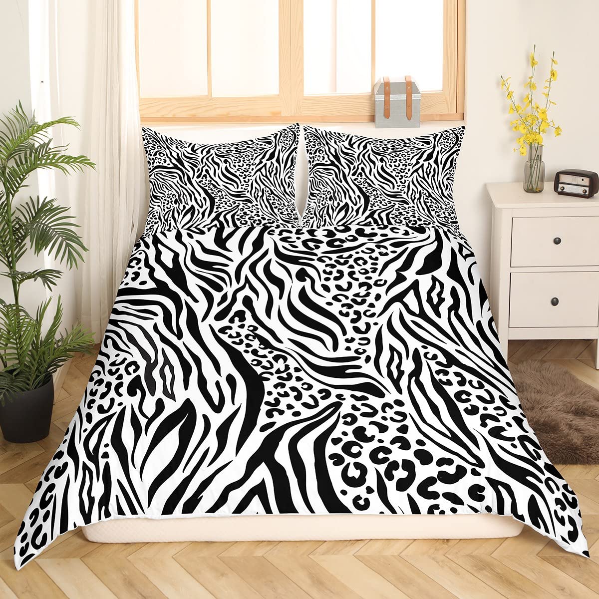 Housse de couette enfant zèbre léopard blanc noir lit simple