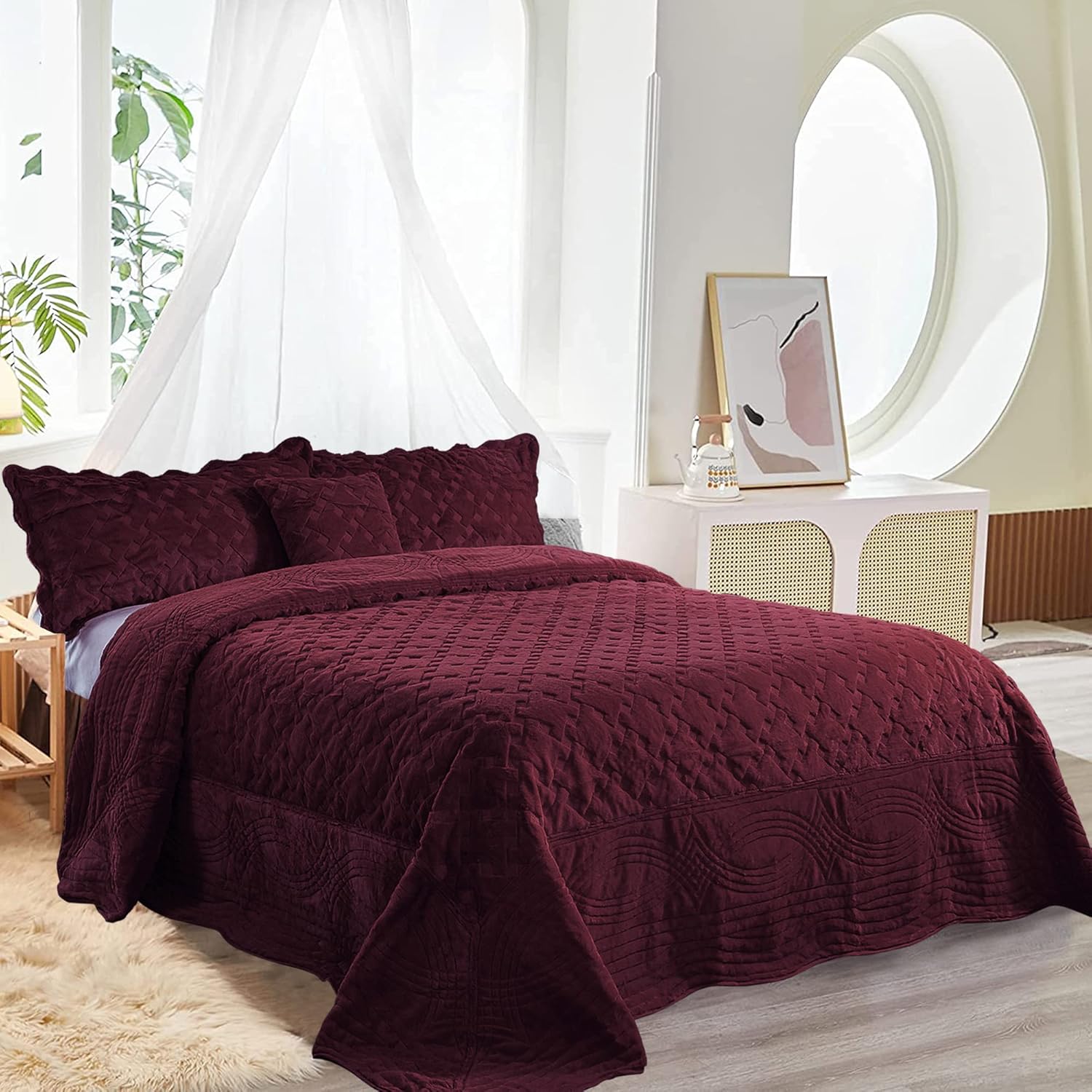 Home Soft Things Oversized King 4 Piece Faux Fur Quilted Tatami Bedspread Bedding Set, Soft Plush Warm Breathable Durable Quilt Coverlet Set with Matching Shams Pillows, 120" x 120", Burgundy