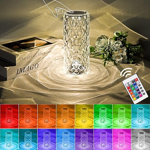 Lámpara de cristal, lámpara de mesa de cristal con control táctil, lámpara de rosa de cristal con 16 colores, luz nocturna RGB con USB y control