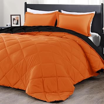 downluxe Full Size Comforter Set, Lightweight Solid Down Alternative Reversible, 3-Piece Comforter Set Full with 2 Reversible Pillow Shams Orange/Black