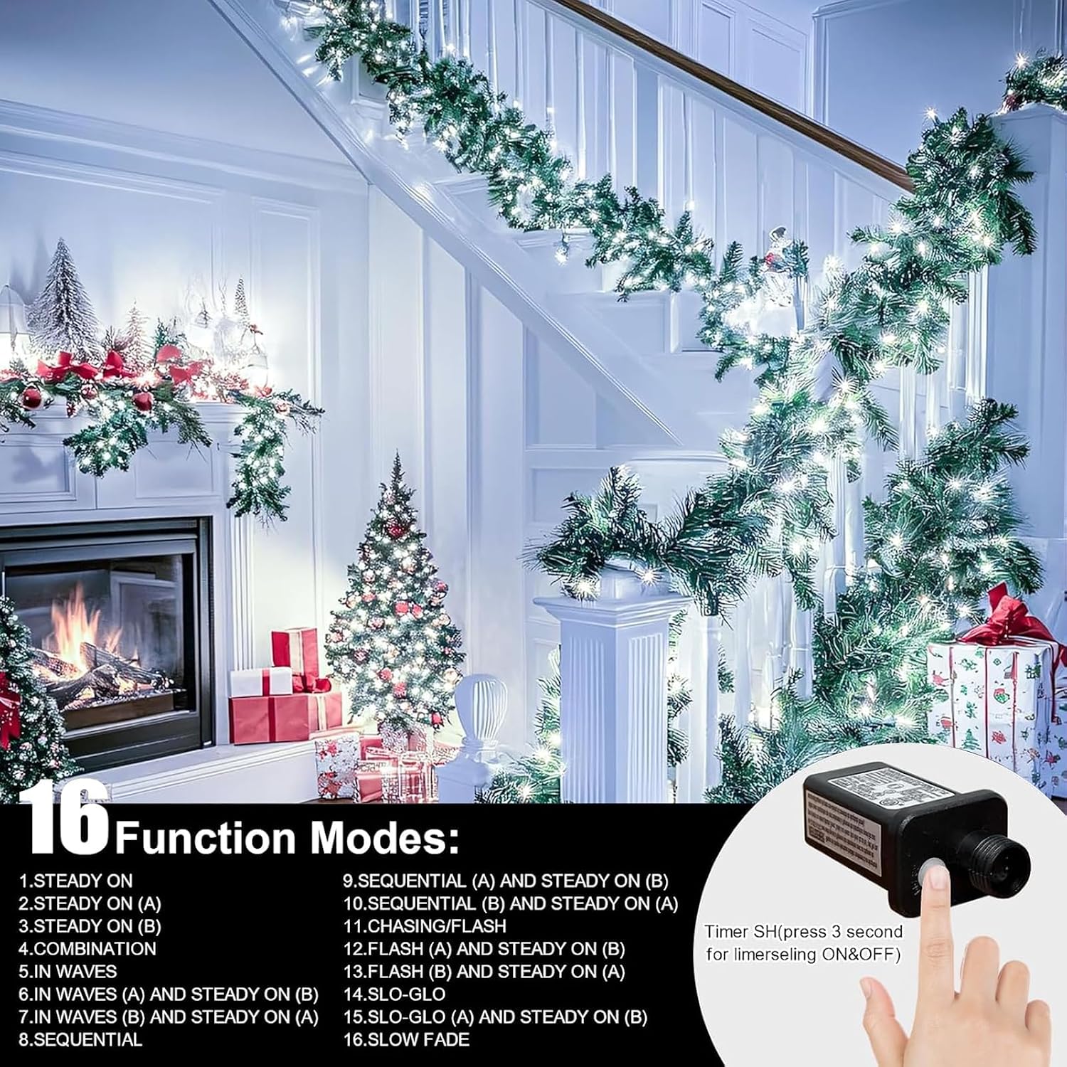 LAMPHOME 33ft Christmas Decorative Mini Lights, 100 LED Transparent Wire Fairy Starry String Lights Plug in, 16 Lighting Modes, for Indoor Outdoor Xmas Tree Wedding Party Decoration (White)