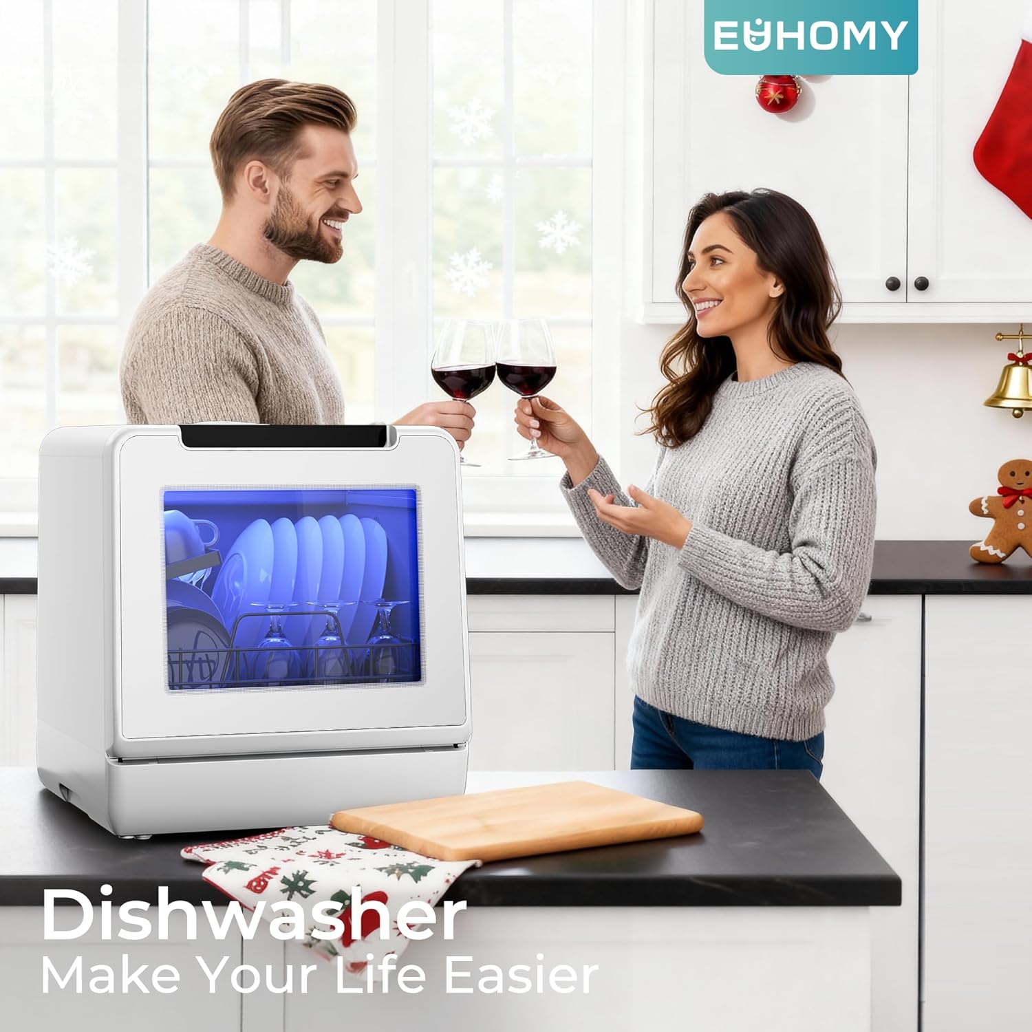 EUHOMY Countertop Dishwasher Portable, 8 Programs Mini Dishwasher with 5L Built-in Water Tank and Inlet hose, No Hookup Needed, Dishwasher with Self Clean/Baby Care/Air Dry, for Apartments, RVs, White