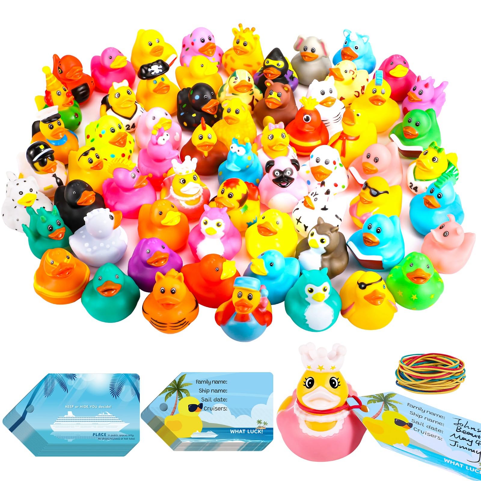 100 Pcs Cruise Ducks Tags Kits Includes 30 Pcs Cruising Ducks with 30 Pcs Cruise Duck Tags and 40 Pcs Rubber Bands Random Assorted Rubber Ducks for Cruise Ship Hiding Ducks