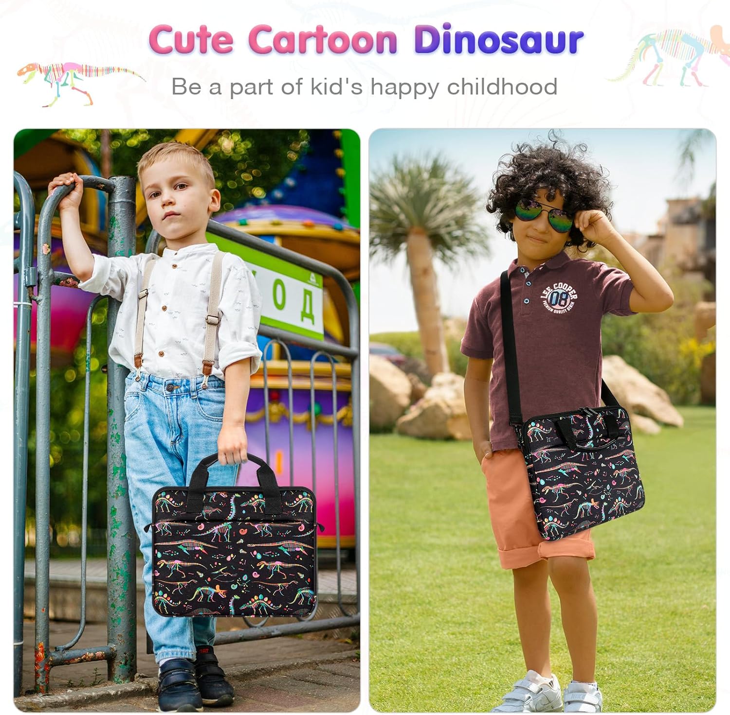 MoKo 10-12.5 Inch Kids Tablet Sleeve Carrying Case for Fire HD 10 13th/11th Gen, Fire HD 8/7 Kids 2022, Tablet Bag with Shoulder Strap for 10/10.1 Inch Android 12/13, Black Dinosaur - Image 8