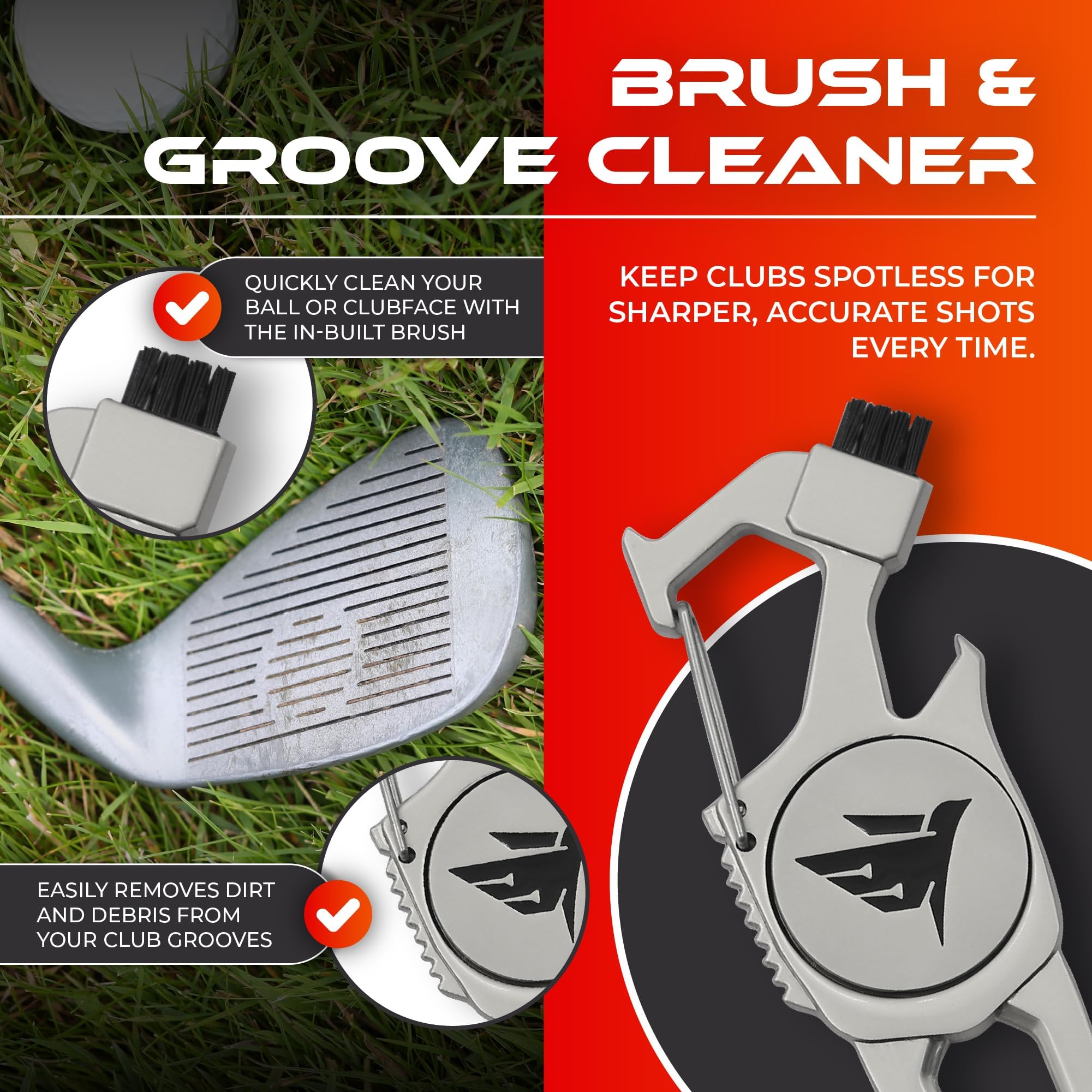 SWIFTEE Herramienta de reparación de marcas de campo de golf 7 en 1 – Soporte para palo, cepillo, hebilla de clip, limpiador de ranuras, abridor de botellas, marcador de bola, herramienta de divot