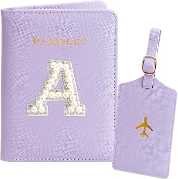 Initial Passport Holder and Luggage Tag Set Purple Personalized Leather Passport Holder Cover for Travel Women Passport Book with Monogram Letter Travel Gifts Essentials for Women Travelers A