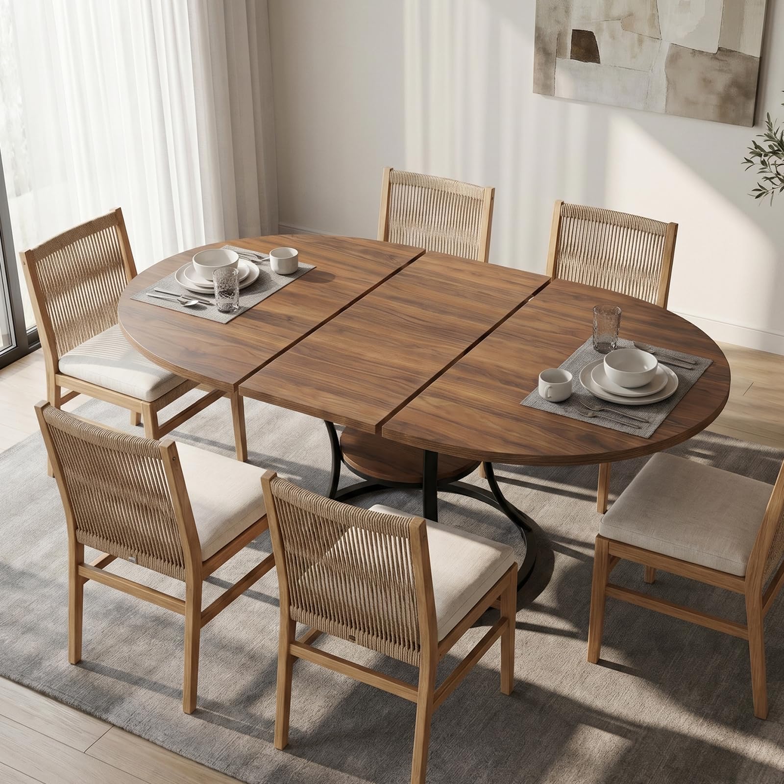 Round Dining Table, 108–148 cm Wooden Extendable Kitchen Table, Walnut — image 1