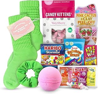 Teenage Girls Gifts Pamper Set with Peel-Off Face Mask, Hair Scrunchie, Fluffy Socks, Bath Bomb, and Sweet Treats for a Pe...