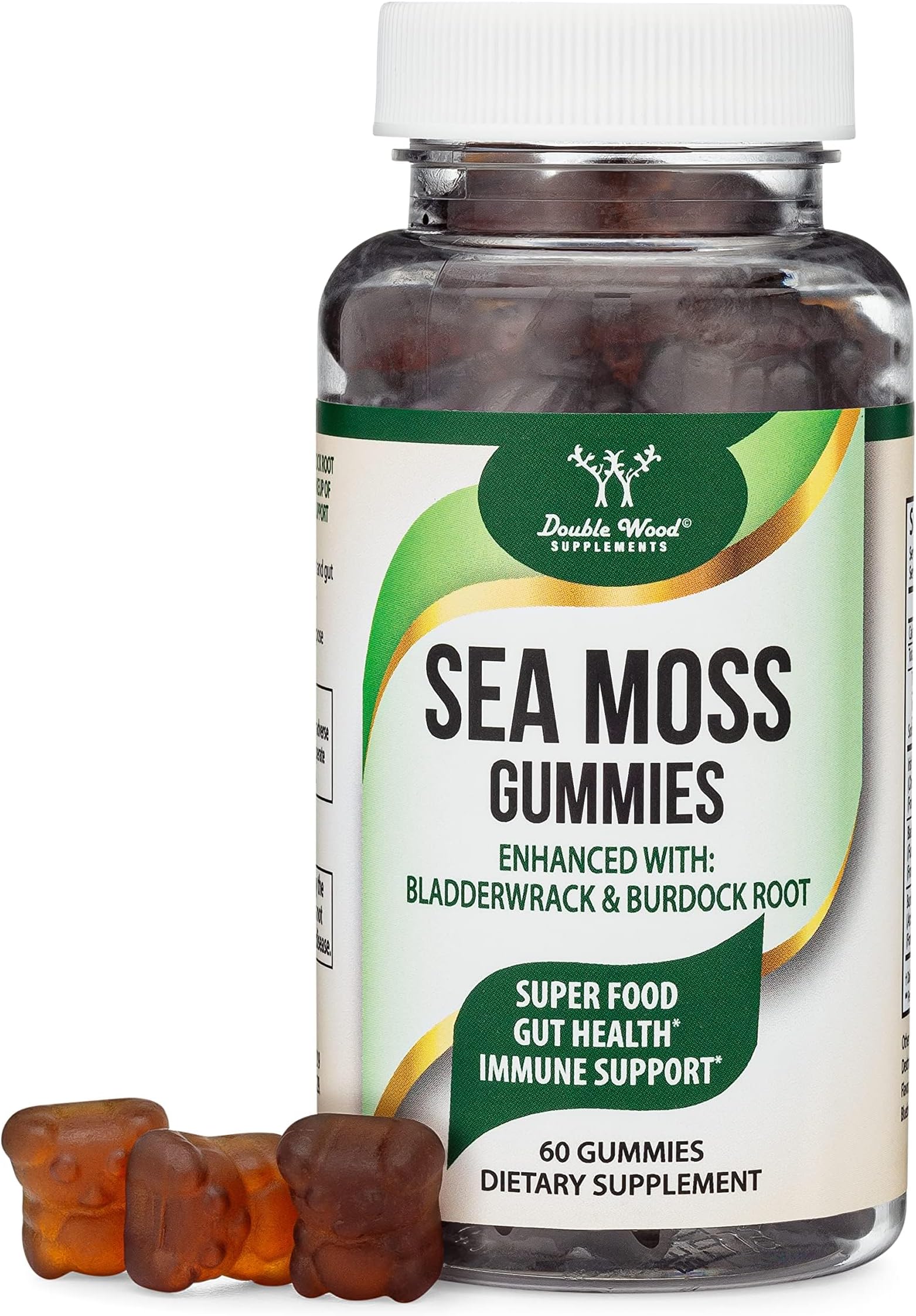 Double Wood Supplements Sea Moss Gummies for Adults Max Strength 3,000mg (60 Irish Sea Moss Gel Gummies Enhanced with Bladderwrack and Burdock Root) Superfood Gummies for Immune Support