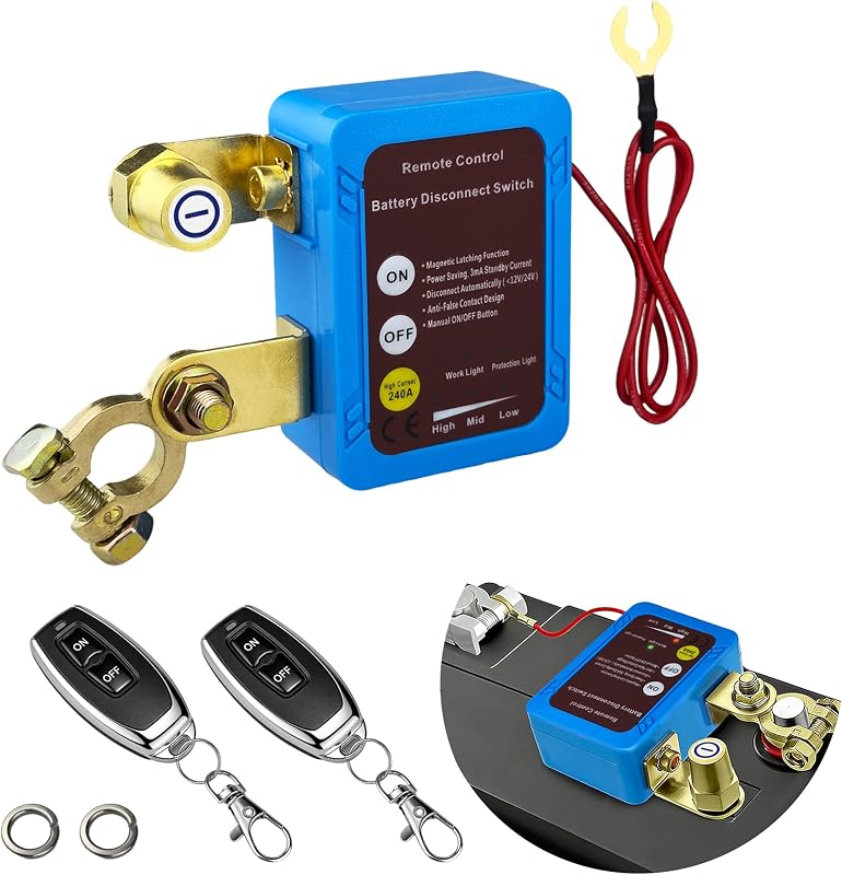 12V/24V 240A Smart Remote Battery Disconnect Switch, Car Kill Switch | Flat Mount Installation, Automatic Voltage Protection, Anti-Theft Power Cutoff, With Remote Control for Truck Boat RV