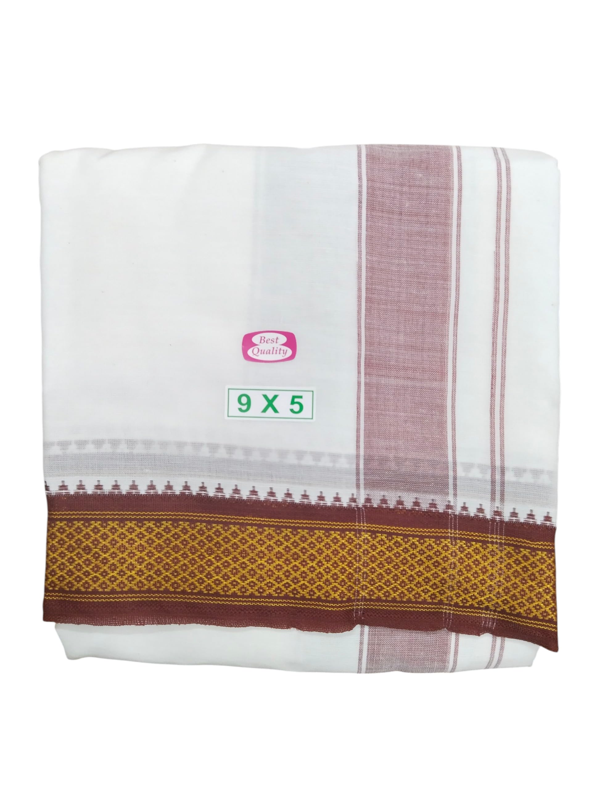 sri raajam textiles Traditional Mens Poly Cotton Padayappa 9x5 Dhoti with Angavashtram, Cream Off White Colour Green and Maroon Border, 9+5 Panchakacham-picture-10
