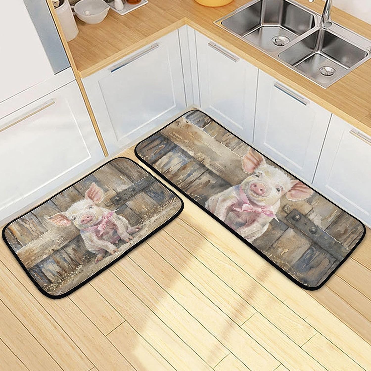 Kitchen Mats for Floor, 2 Piece, Pig Barn Cute Non-Slip Washable Kitchen Rugs Set for Home, Office, Sink, Laundry, 19.7” x 47.2” + 19.7” x 27.6”