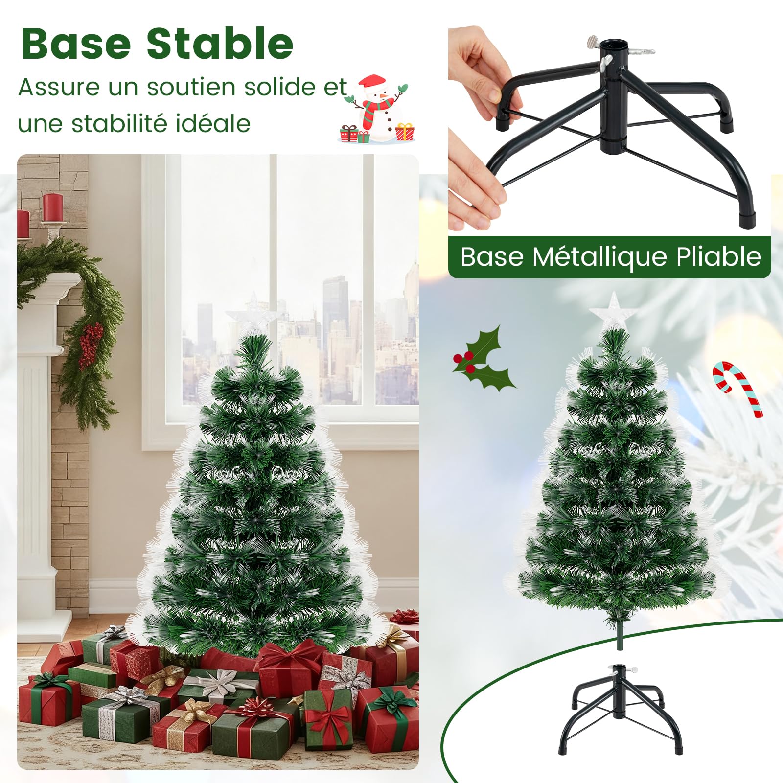 COSTWAY Sapin de Noël à Fibre Optique 95 CM, Sapin Artificiel Pré-éclairé avec 93 Branches, Étoile de Sommet & Pied Métallique Pliable, Arbre Lumineux pour Fêtes de Maison, Bureau, Carnaval