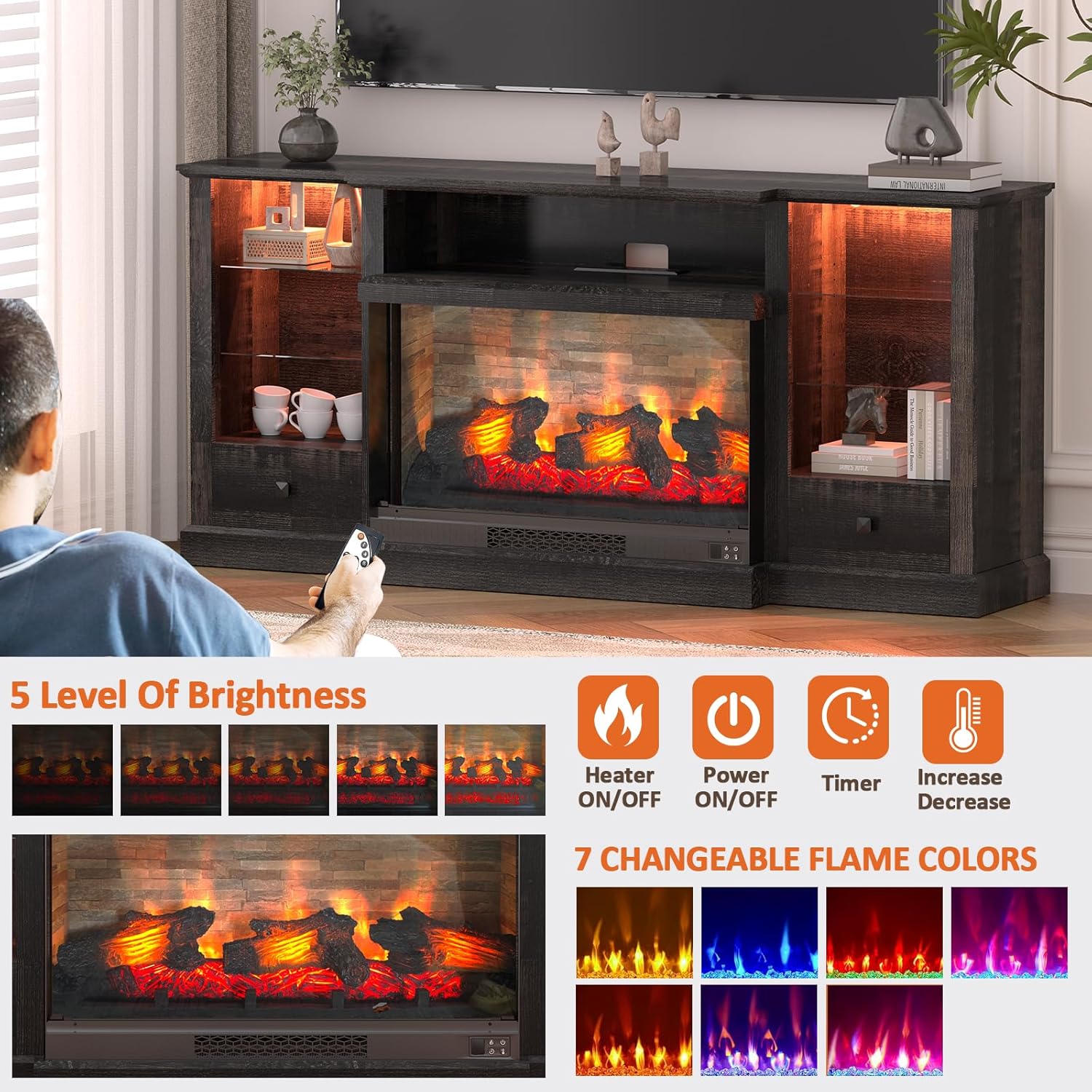 Rresyet Fireplace TV Stand for 80 inch TV, Media Entertainment Center with 36" 3D Electric Fireplace & Remote, Charging Station, Adjustable Shelves & Storage,TV Console for Living Room