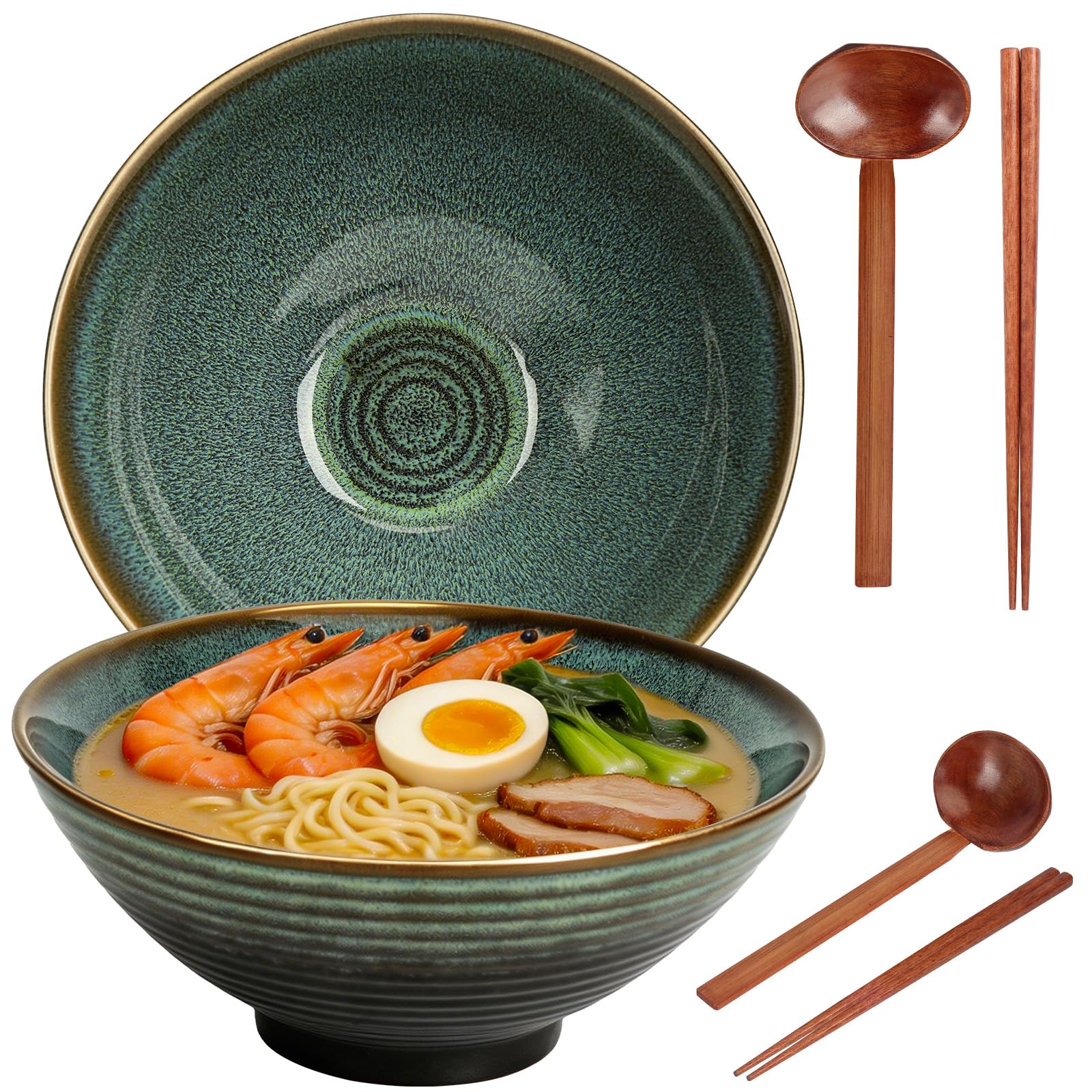1200ML Ciotola Ramen con Bacchette e Cucchiai, 2 Set Ramen Bowl in Ceramica con Smalto Verde Cambiato in Forno,Ciotole Ramen Giapponesi, Ciotole per Ramen, Zuppa, Insalata, Muesli