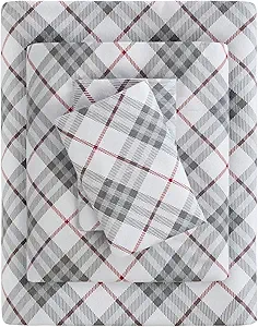 True North by Sleep Philosophy Cozy Flannel Warm 100% Cotton Sheet - Novelty Print Animals Stars Cute Ultra Soft Cold Weather Bedding Set, Cal King, Red Plaid 4 Piece
