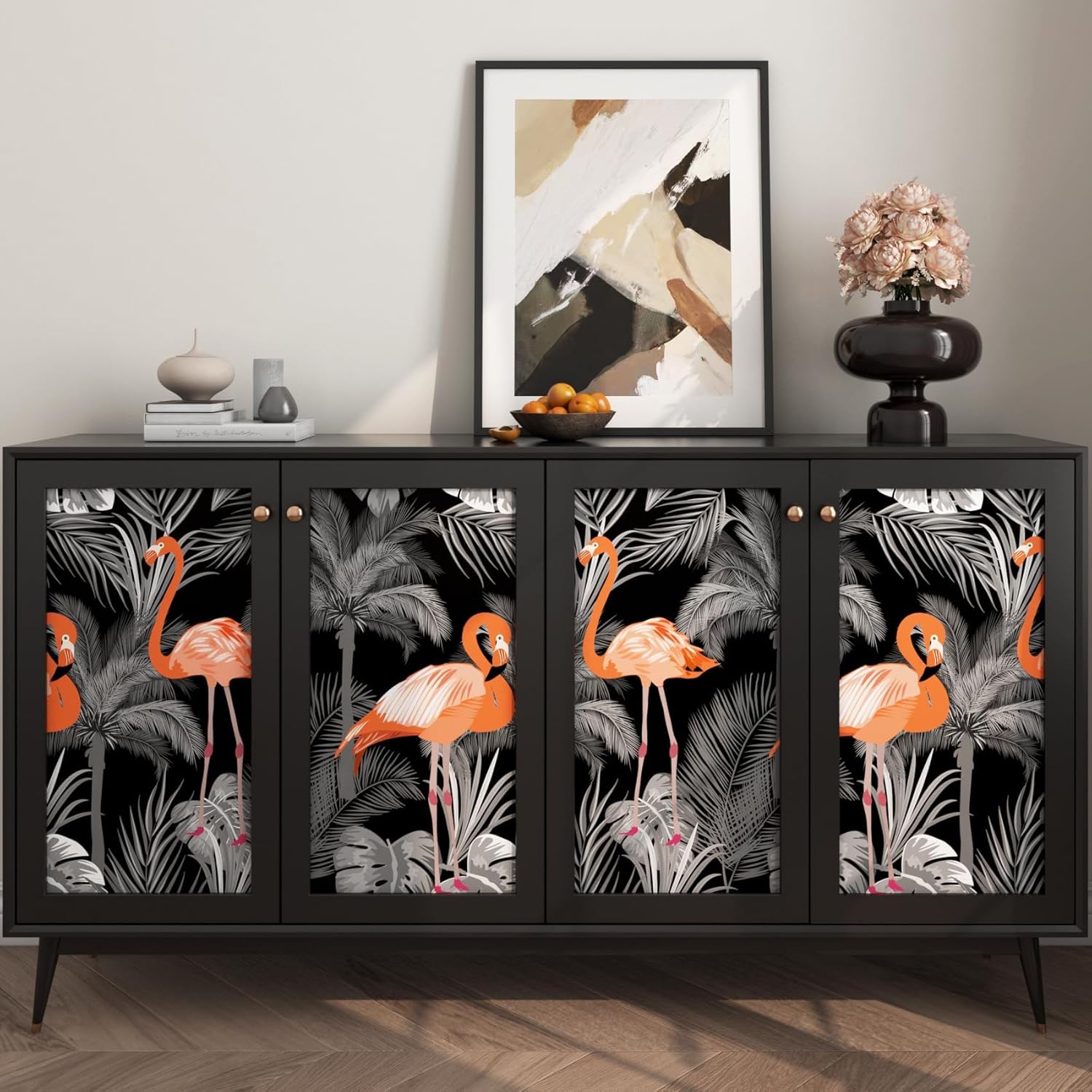 FunStick 17.5"x354" Black Grey Flamingo Wallpaper Peel and Stick Tropical Jungle Wallpaper Removable Grey Leaf Contact Paper Peel and Stick Wall Paper Decor for Room Walls Cabinets Drawers Waterproof