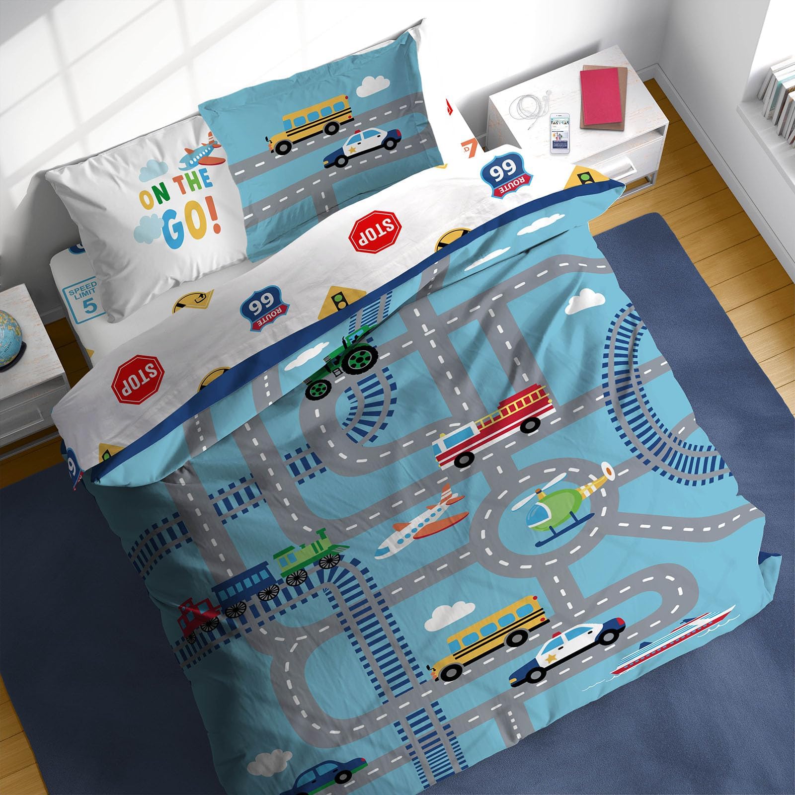 Sunny Side Up On The Go Full Comforter Set - 7 Piece Kids Bedding Includes Comforter, Sheets & Pillow Cover - Super Soft Vehicles Microfiber Bed Set