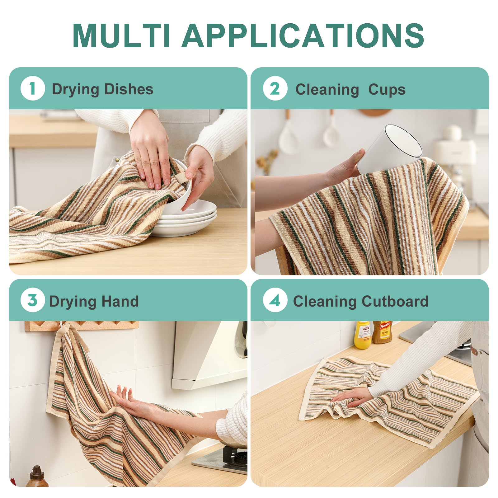 SALAS Paños de cocina de alta calidad para secar platos, paños de cocina grandes de algodón, toallas de mano de rizo a rayas, juegos de toallas de cocina gruesos altamente absorbentes con lazo para