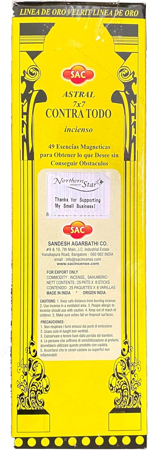 Sac Astral 7x7 Contra Todo Incense - 25 Packs, 8 Sticks per Pack - 200 Sticks Total