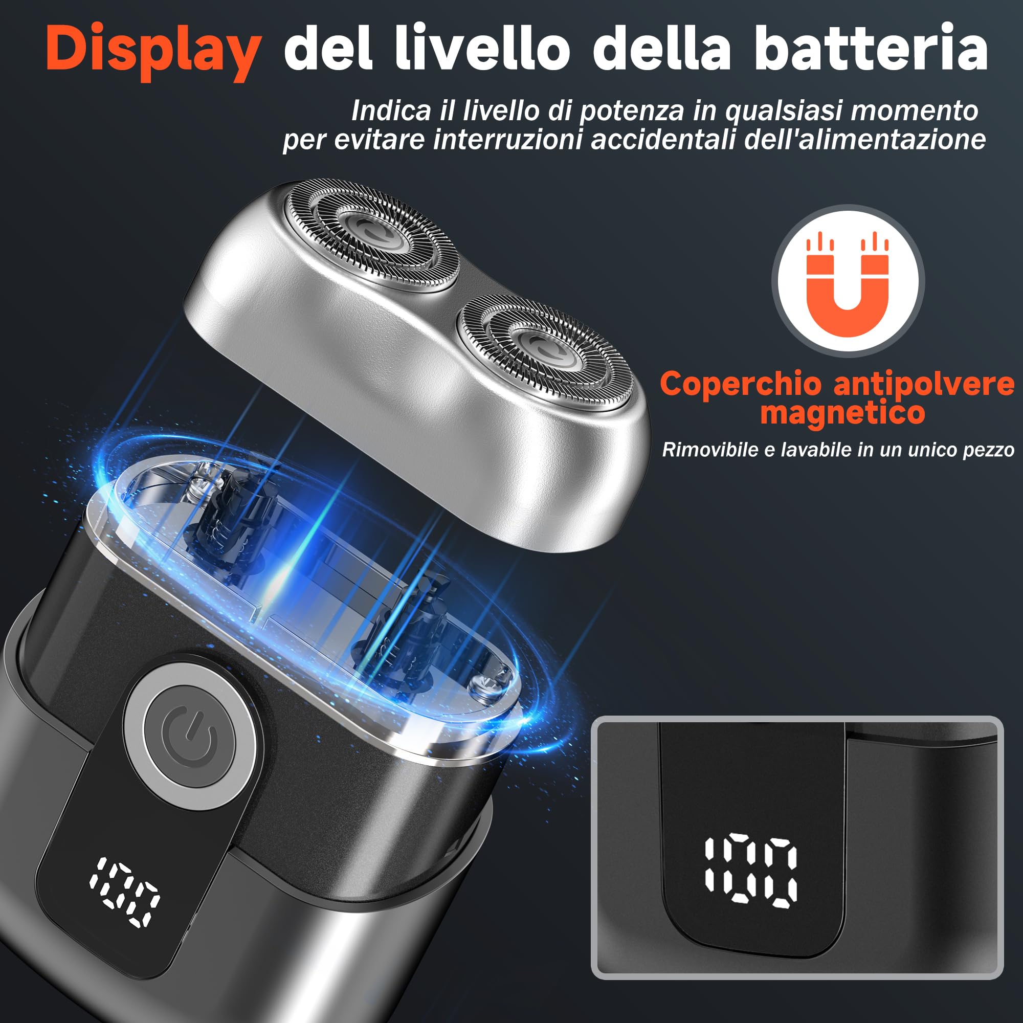 Mini Rasoio Elettrico Barba con Display LED, Rasoio Elettrico Uomo Impermeabile IPX6, Portatile Silenzioso e Lavabile, Grigio