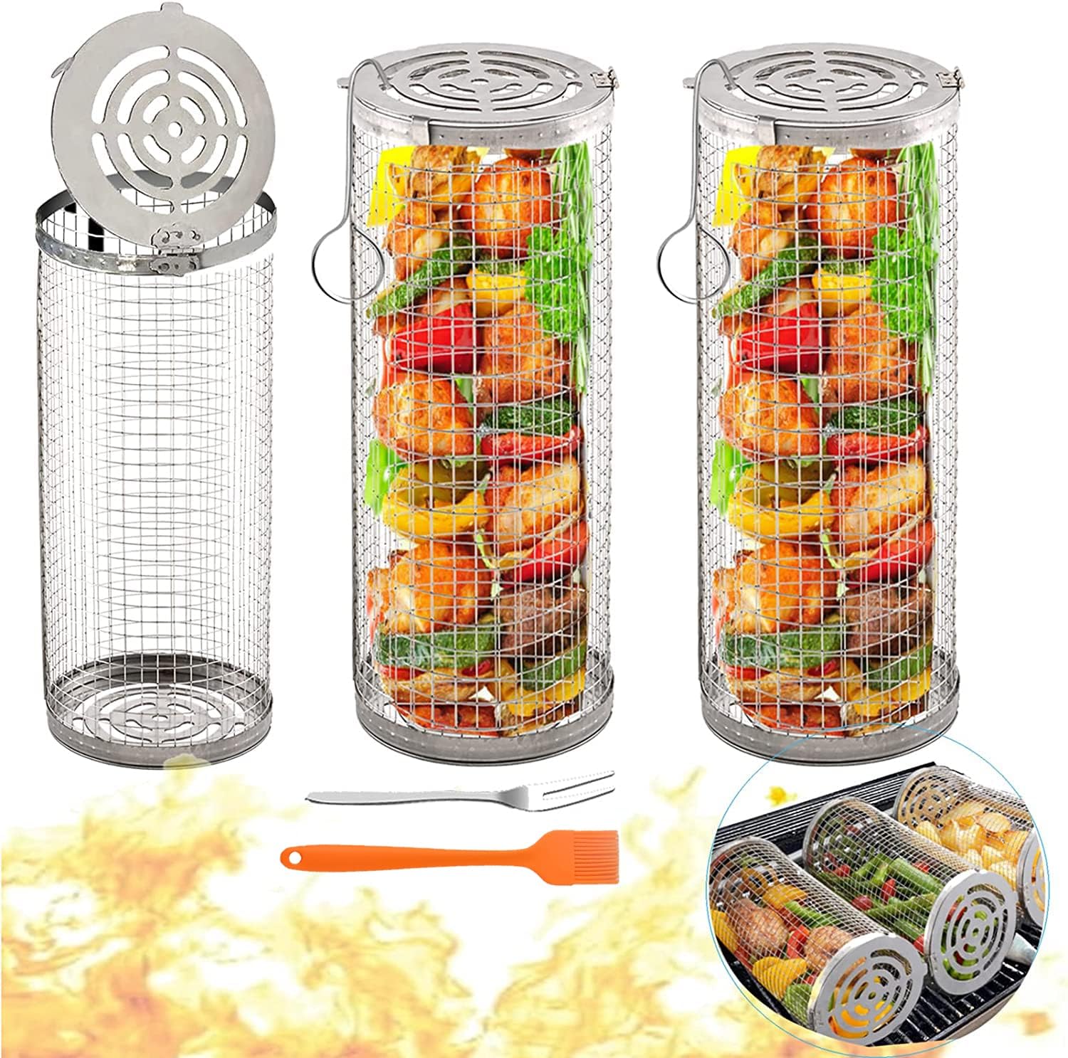 Amazon.co.jp ローリンググリルバスケット バーベキューステンレススチールワイヤーメッシュシリンダーバーベキューバスケットノンスティックグリルバスケットグリルアクセサリー野菜