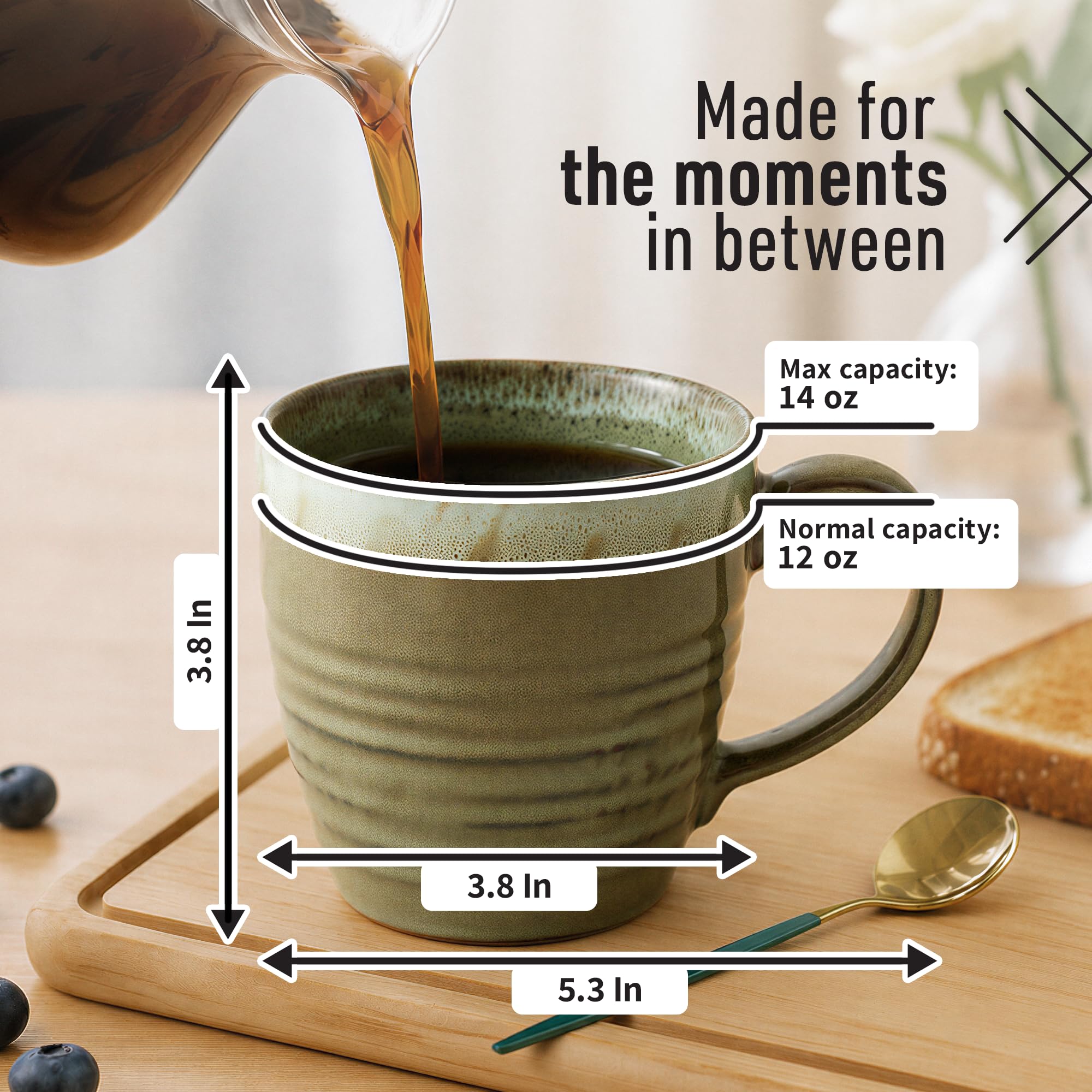 Ava Nord Juego de 4 tazas de café de cerámica de 14 onzas con asa, juego de tazas de café de cerámica de esmalte reactivo para té, latte, capuchino, cacao, chocolate caliente, aptas para microondas y