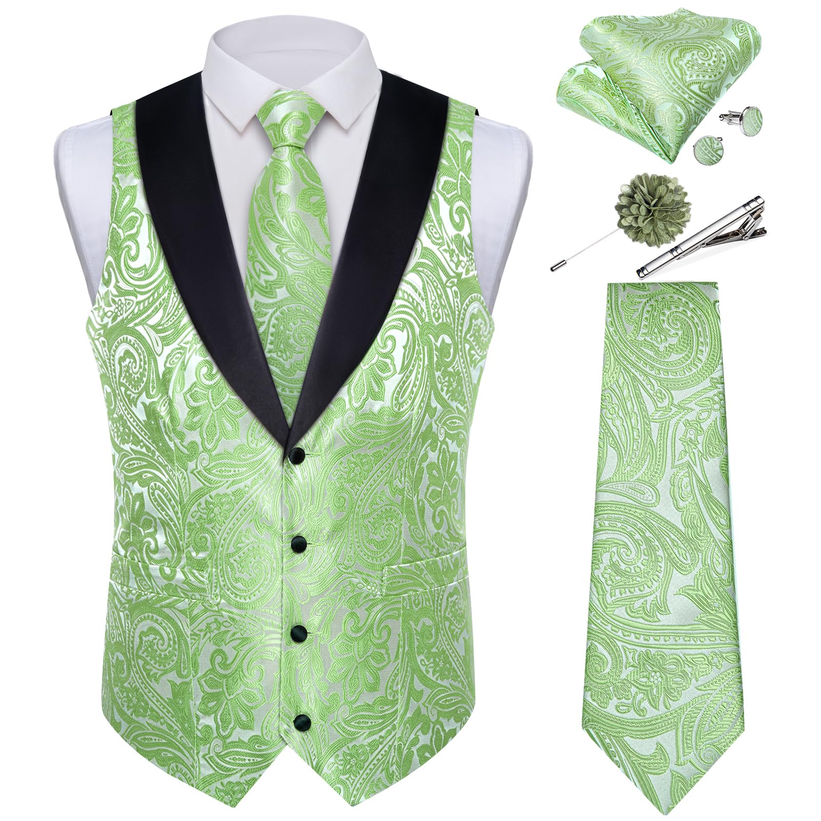 DiBanGu Mens Paisley Suit Vest Silk Jacquard Waistcoat and Necktie Set Formal Shawl Collar Dress Vest 7PCS for Wedding Party