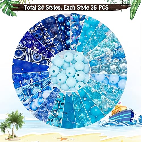 Miniatura 4 de PH PandaHall 1248 cuentas azules de 0.315 pulgadas (0.315 in), 48 cuentas de cristal de mar azul, cuentas redondas sueltas para el verano, Hawaii,