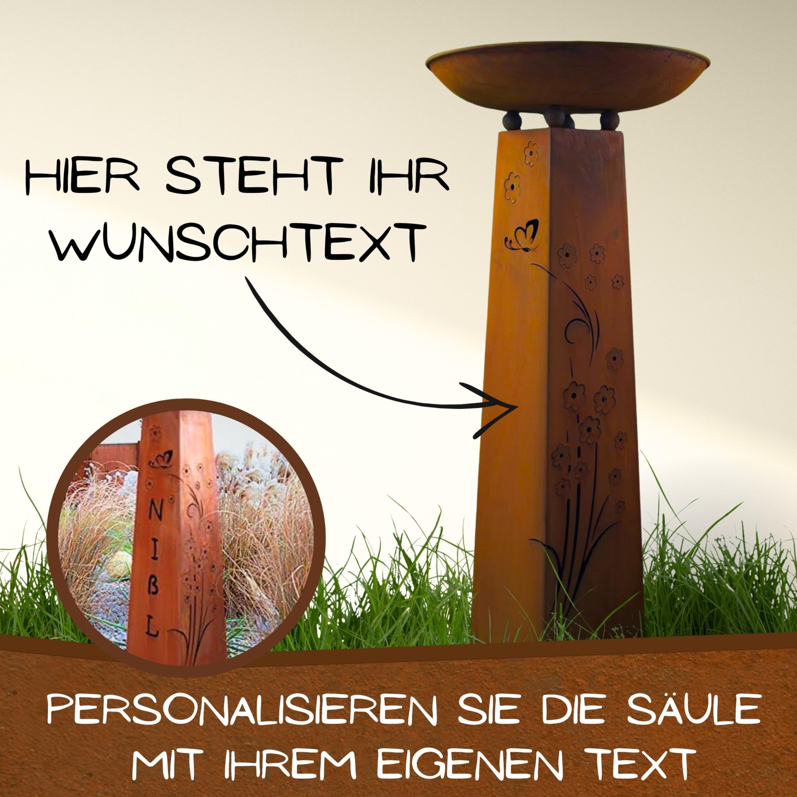 Columna de Flores Jardín, Rostsäule con Nombres, Patina Columna con Cuenco