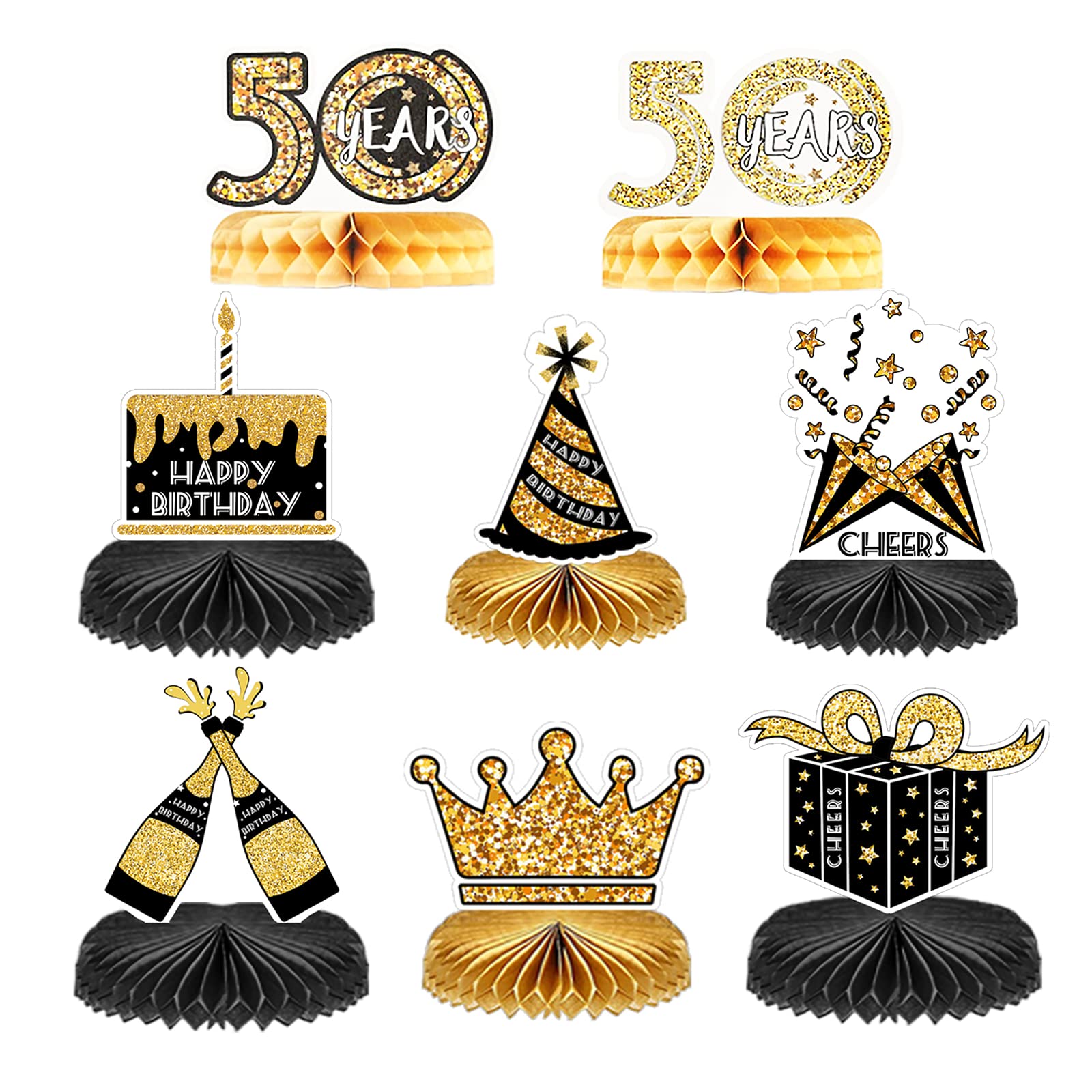 SunwuunPack of 8 50th Birthday Honeycomb Centrepieces Happy Birthday Party Decoration Accessories Birthday Award Ceremony Table Topper Decoration Set, 50 Years Old Desktop Birthday Decoration
