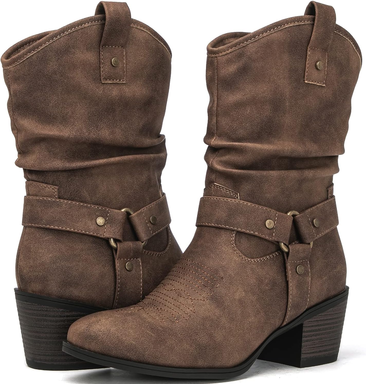 GLOBALWIN Women's Mid Calf The Western Cowgirl Boots Fashion Cowboy Boots For Women Chunky Low Heel