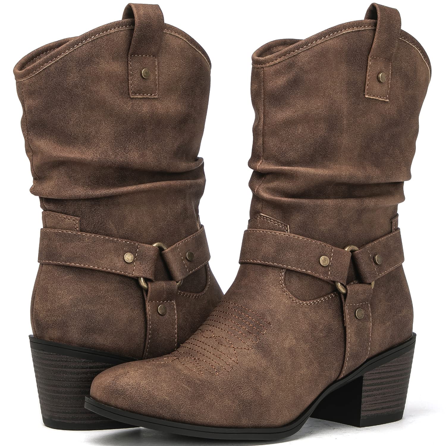 GLOBALWIN Womens Mid Calf The Western Cowgirl Boots Fashion Cowboy Boots For Women Chunky Low Heel