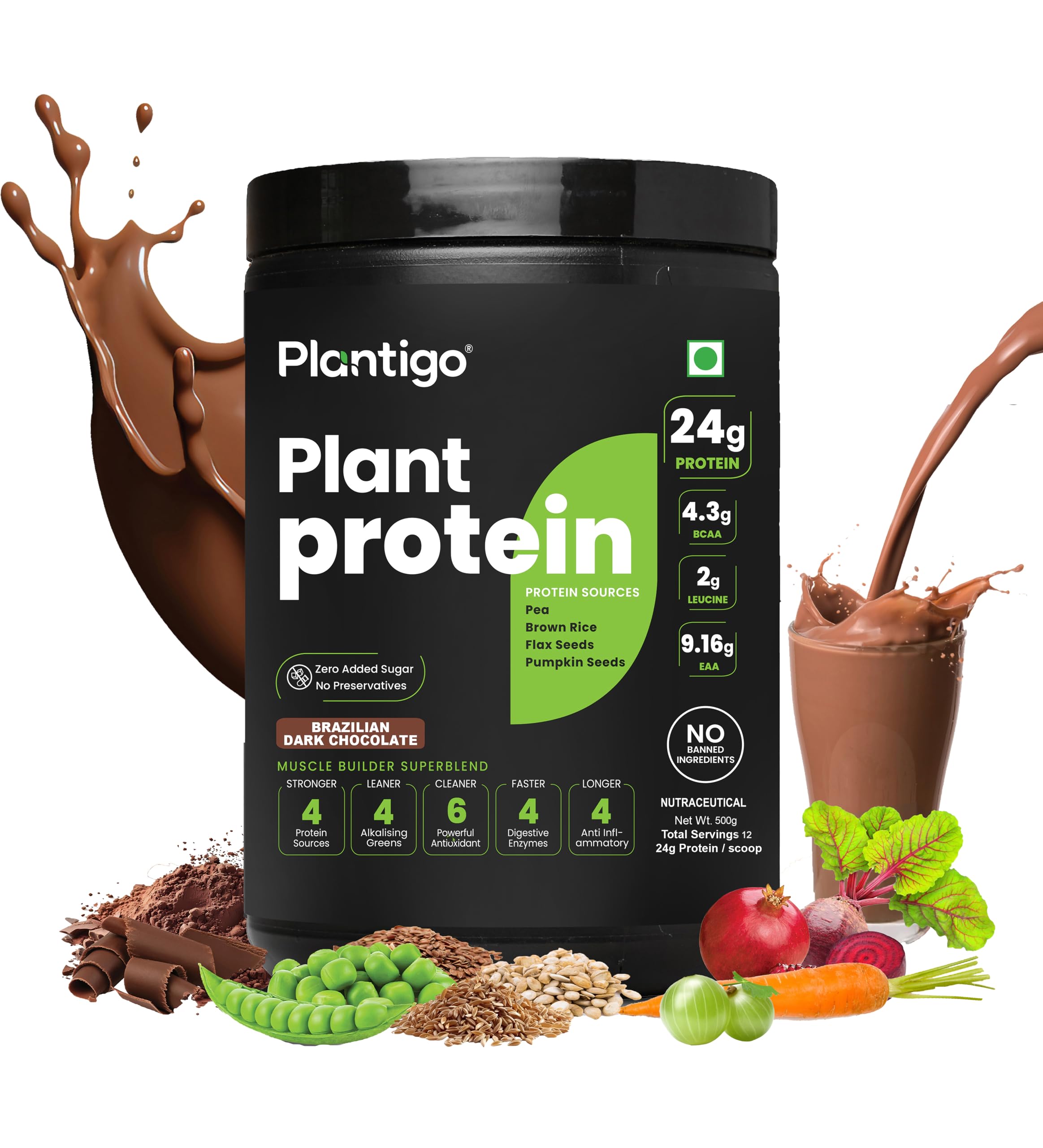 Plantigo Plant Protein Powder - Men & Women, 500g Brazilian Chocolate | Plant Based Pea Protein Powder | 24g Protein, 4g Fiber, 3g BCAA, 20+ Vitamins, Minerals| No Added Sugars, No Preservatives discount deal