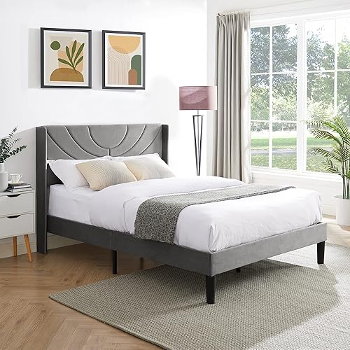 VECELO Base de cama tapizada tamaño Queen con cabecera de tela ajustable, soporte de listones de madera, no necesita somier, base de colchón, fácil