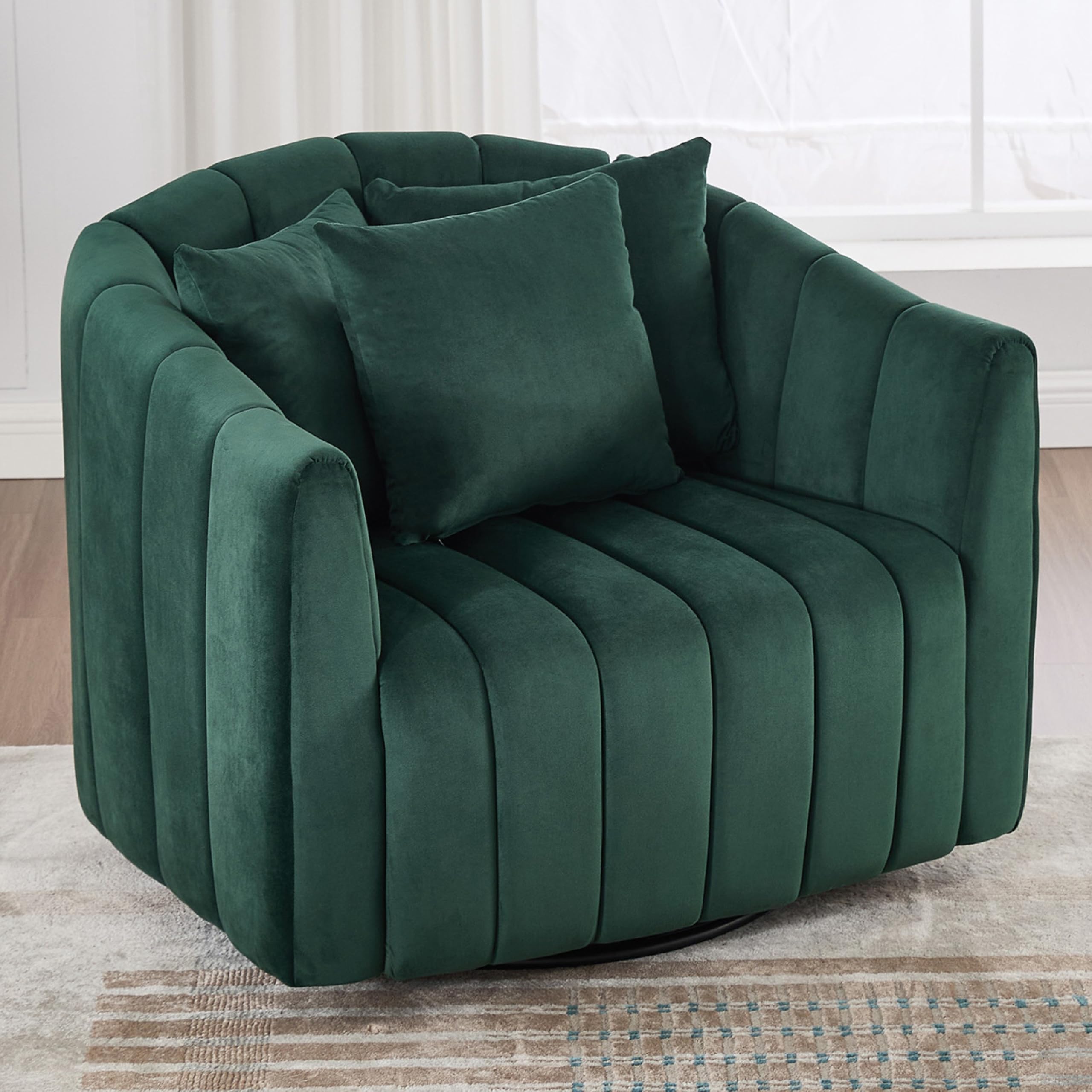 Aoiy & Wifon 40.35" W Oversized Swivel Barrel Chair, Upholstered Swivel Accent Chair, Velvet Round Armchair with 3 Pillows, Green