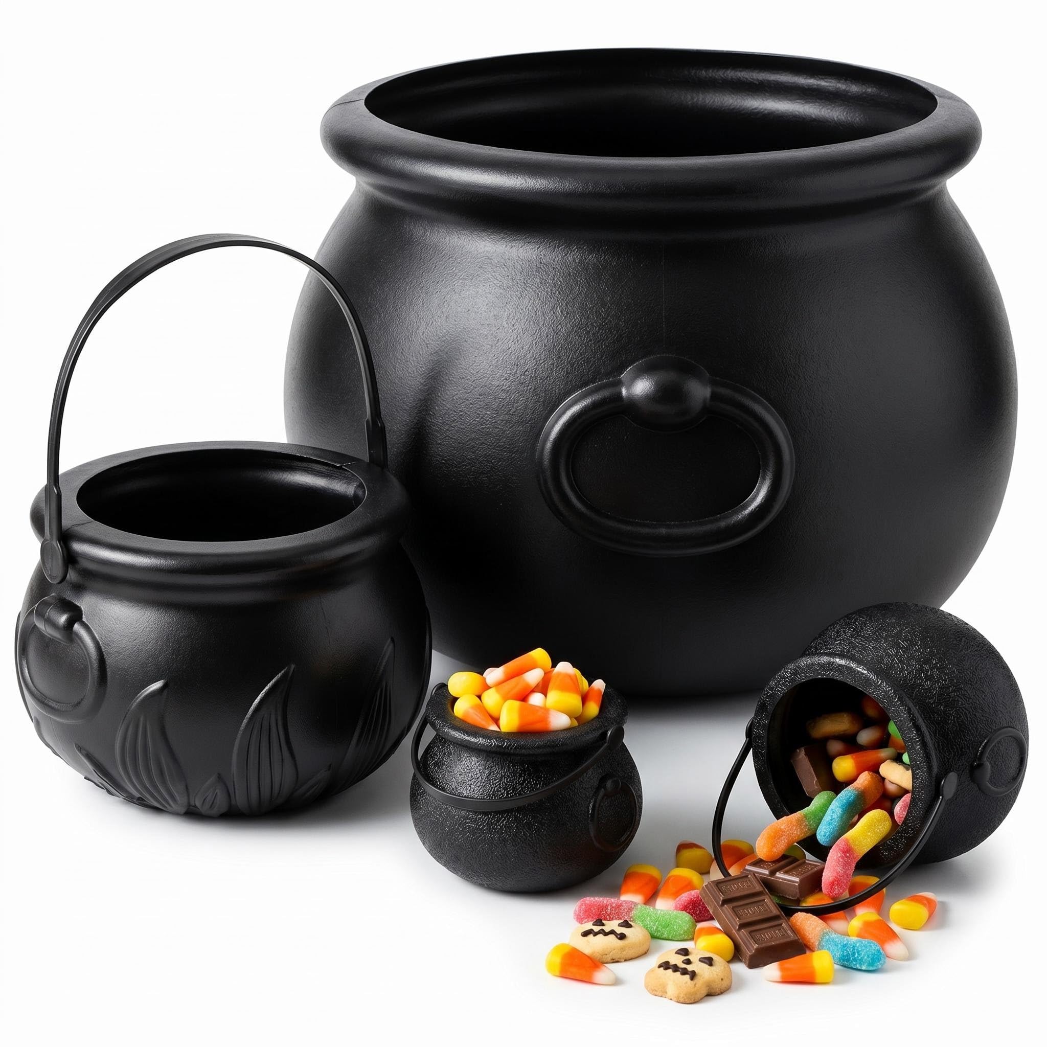 4 Pack Mini & Extra Large Witch Cauldron for Halloween 7/14/20cm Black Plastic Cauldrons Candy Bucket with Handle for Trick or Treat Goody Bag Fillers Party Favours Cauldron Kettle Cup for Sweets