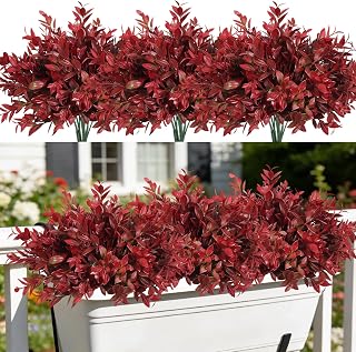 SJL Faux Plants for Outdoors UV Resistant Artificial Fall Flowers Outdoor | Outdoor Artificial Fall Greenery Fake Boxwood Stems 6Pcs Faux Shrub Bushes for Garden Front Porch House Indoor Outside Decor