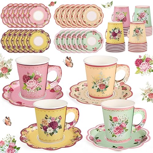 24 Sets Vintage Floral Tea Party Cups 7 OZ Disposable