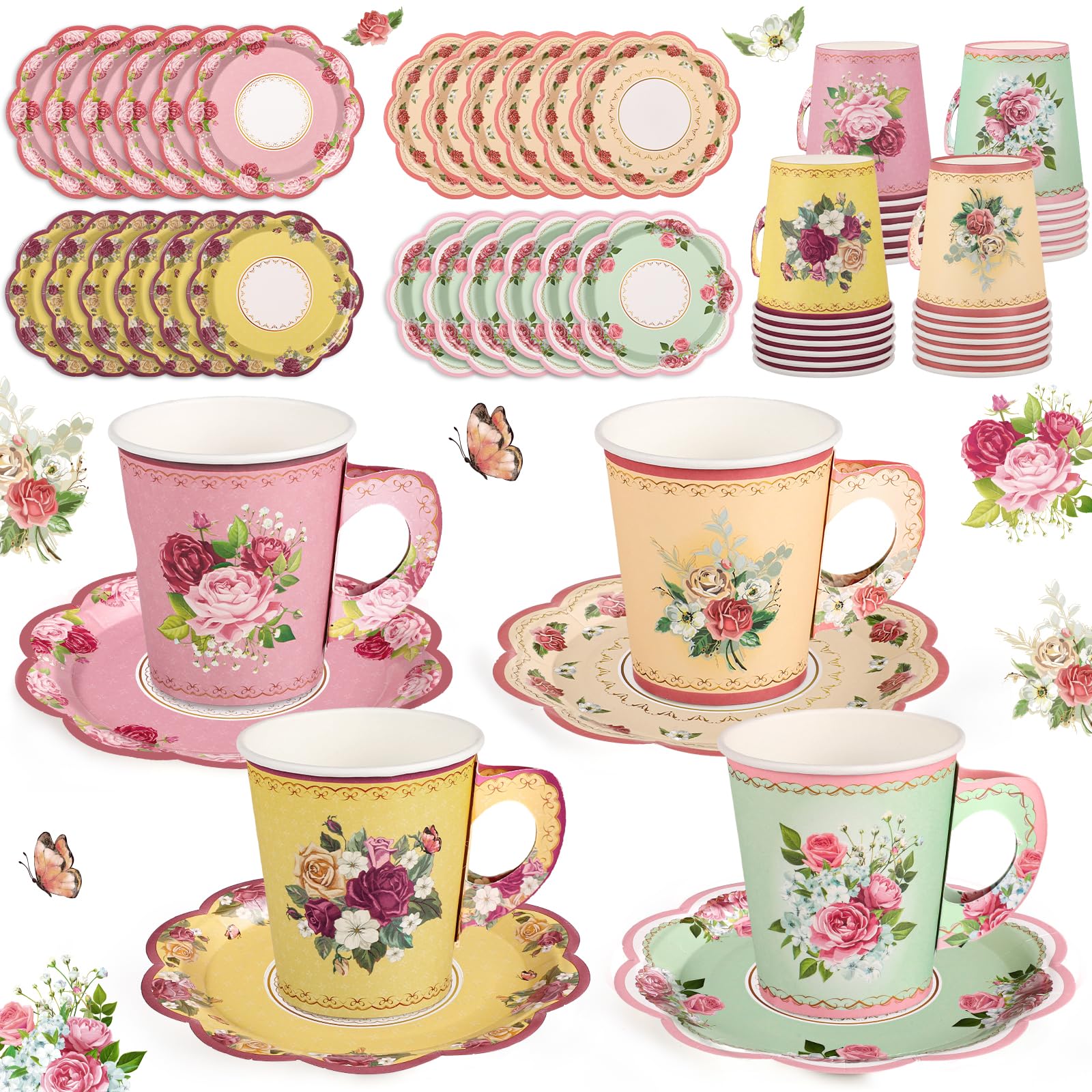 NatNarr Lot de 48 tasses jetables vintage à motif floral 200 ml | Avec poignée et assiettes, tasses à thé et soucoupes pour bébé, fête prénuptiale, mariage, anniversaire (style vintage)