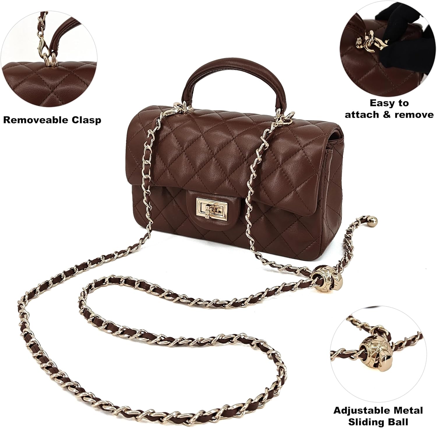 Small Quilted Crossbody Bag for Women, Genuine Leather Mini Shoulder Flap Purse with Gold Chain Strap & Top Handle - Image 5