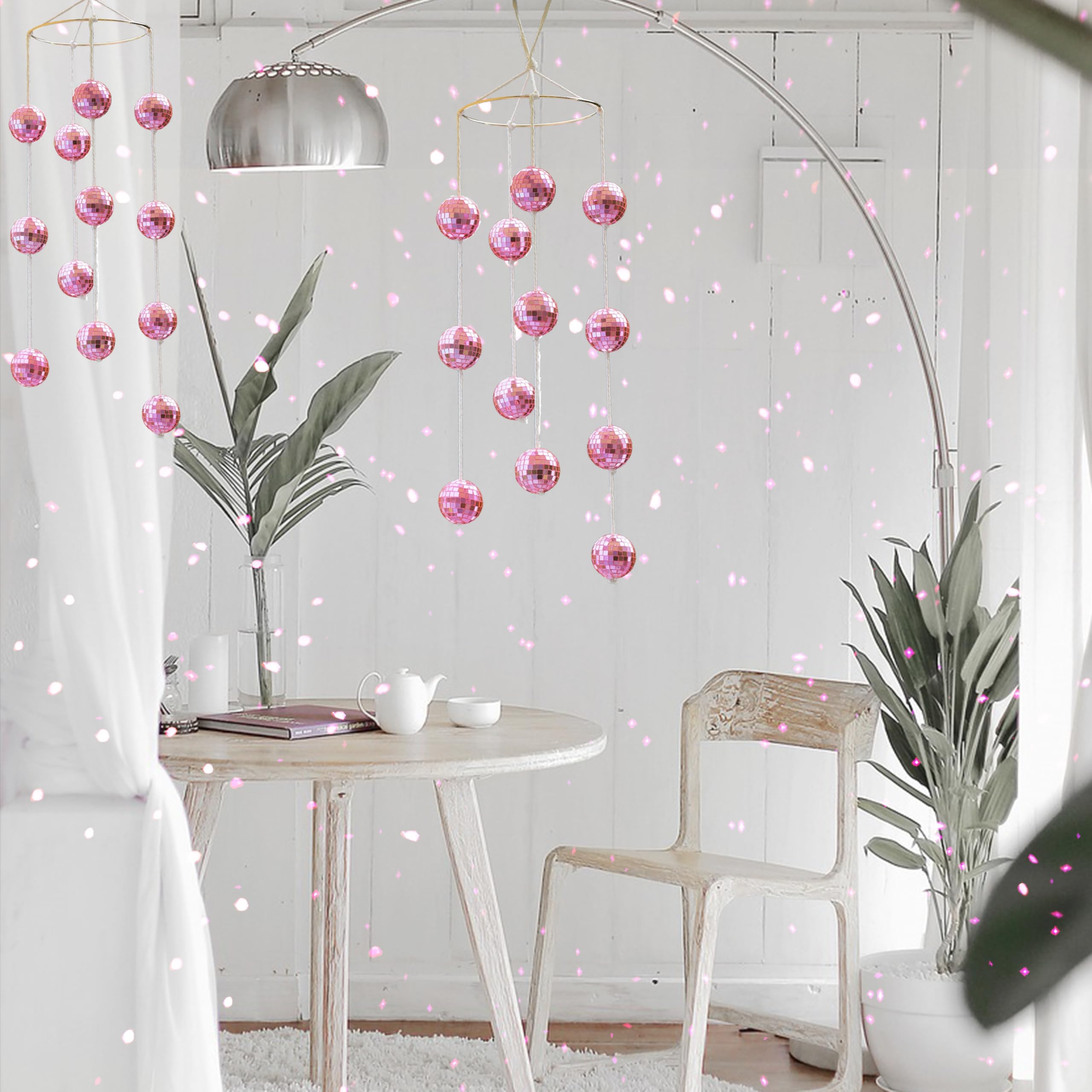 Disco Ball Mobile Spiral Spinner with Metal Circle Reflective Pink Mirror Ball Light Catcher for Indoor Outdoor Yard Garden Patio Home Decoration and Party Wedding Festival Birthday