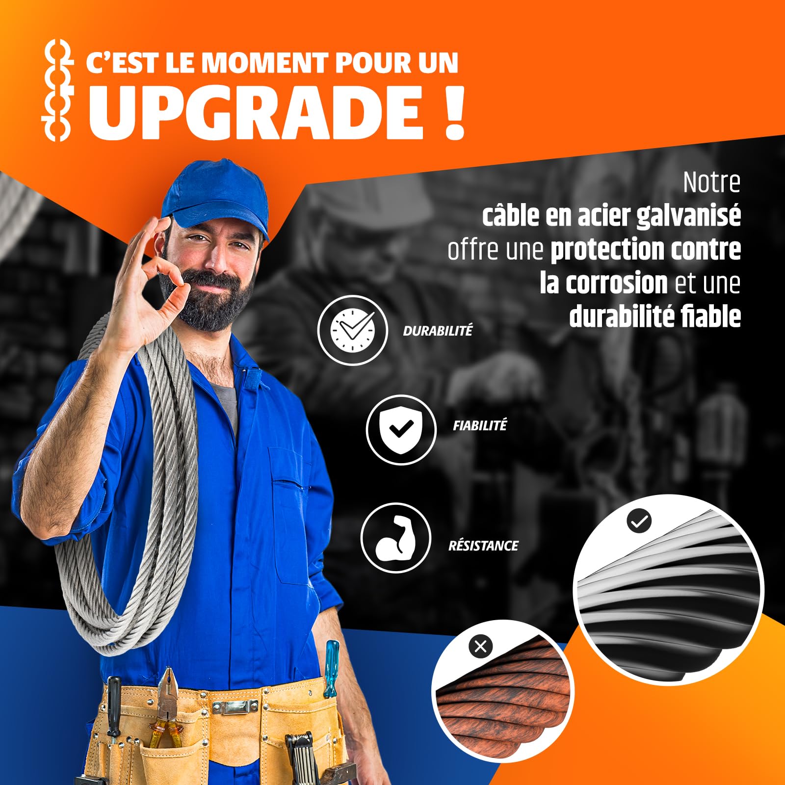 100m câble 4mm acier zingué EN 12385-4 6x7+FC