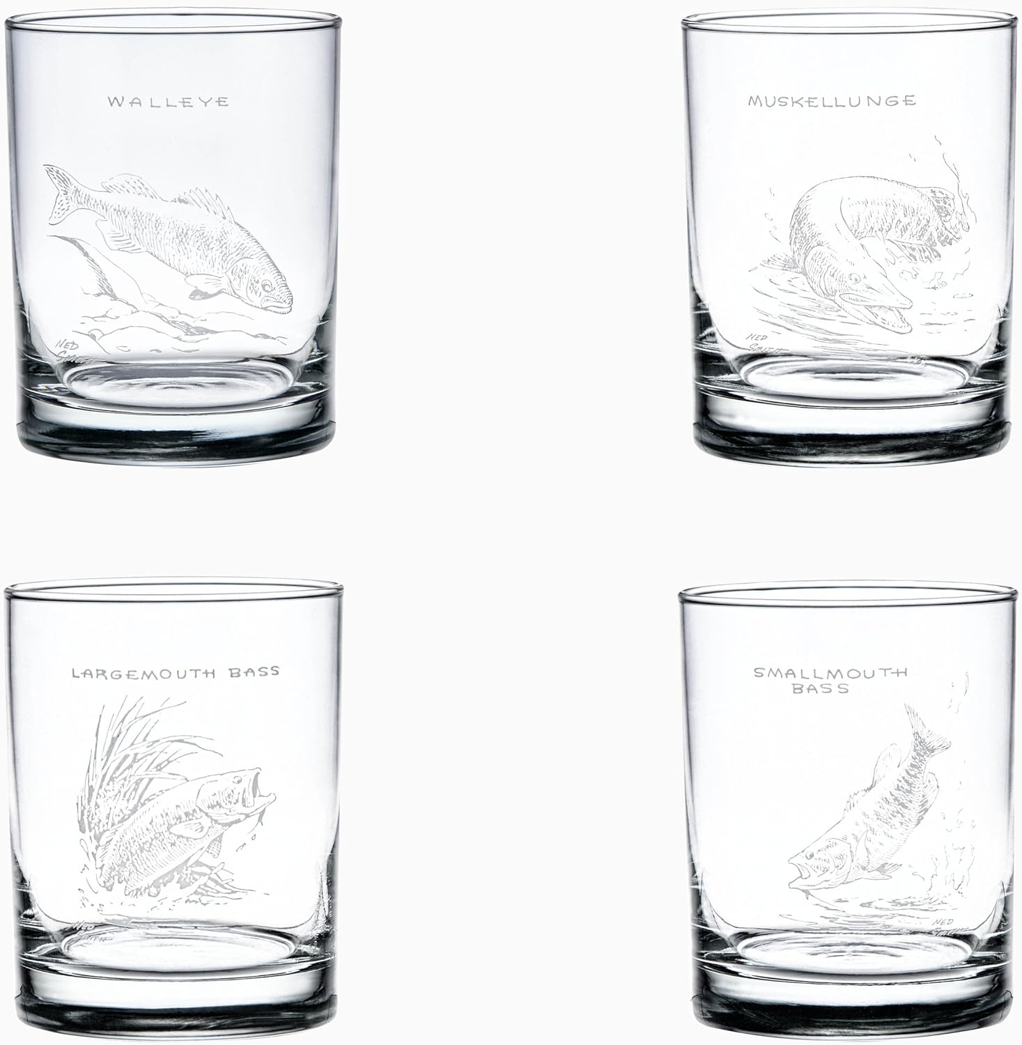 Culver Ned Smith Freshwater Fish 14-Ounce (DOF) Double Old Fashioned Glass Assorted Set of 4