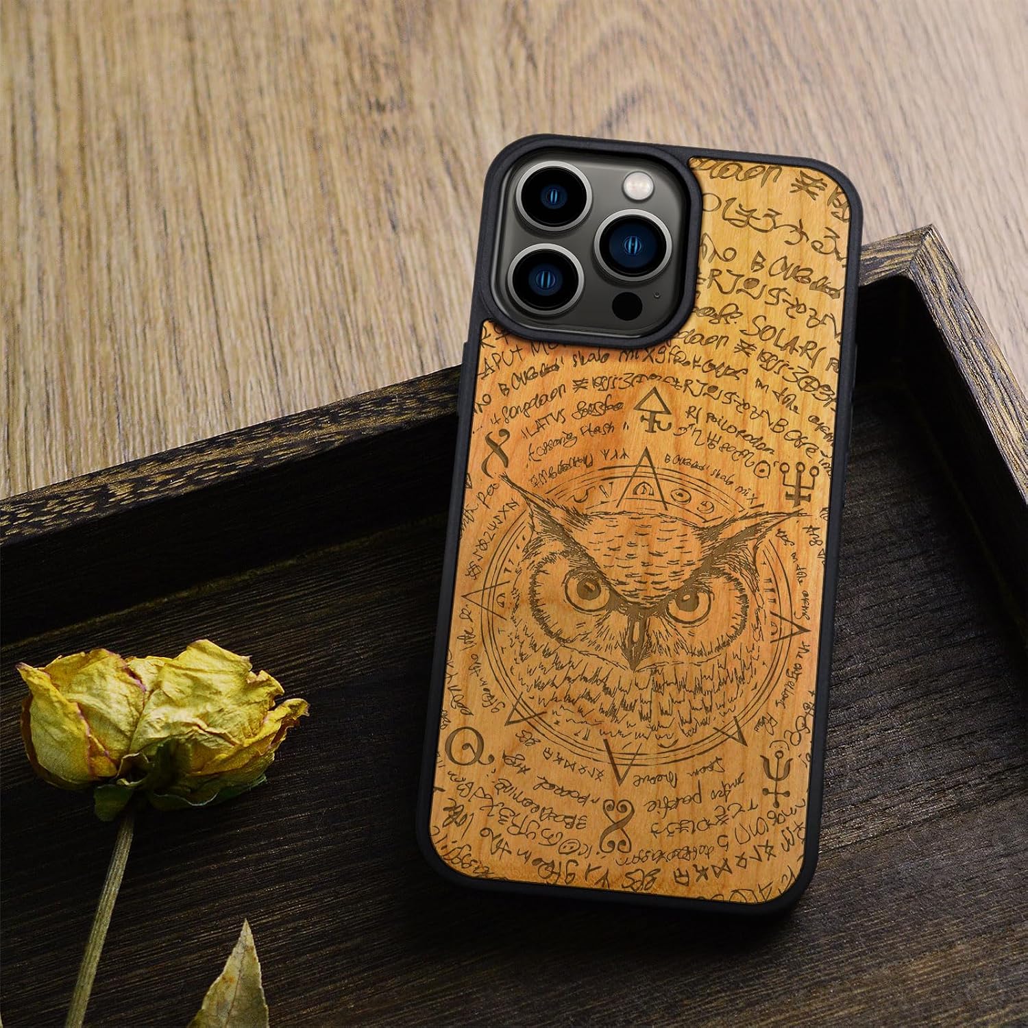Carveit Magnetic Wood Case for iPhone 14 Pro Max [Natural Wood & Black Soft TPU] Unique & Classy Wooden Shockproof Protective Cover Compatible with magsafe (Barn owl -Cherry)