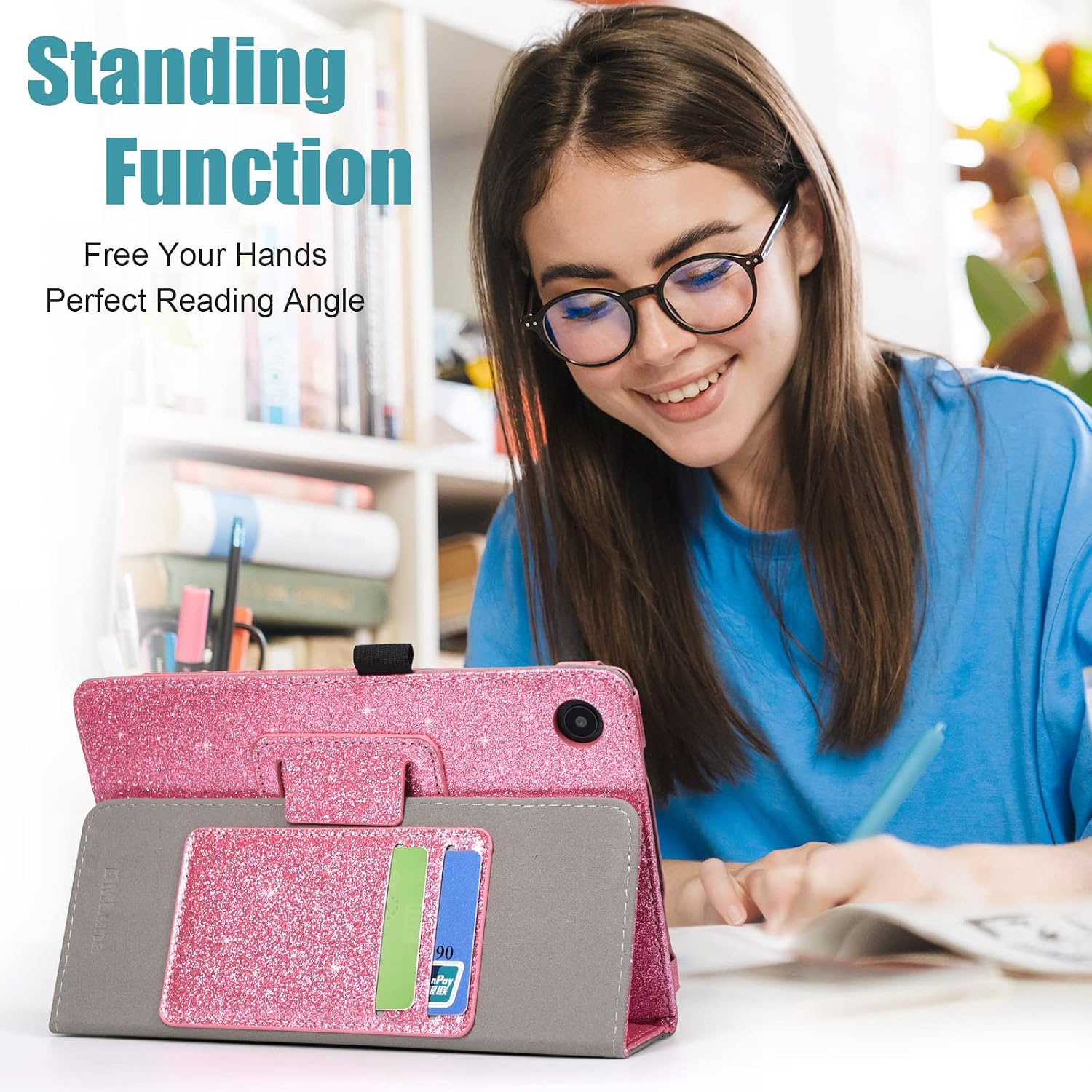DMLuna Case for TCL Tab 8 SE (Model:6048E) / 8 Plus (Model:9138S), 2024/8 LE Tablet (Model: 9137W) 2023, Folio Premium PU Leather Stand Cover with Hand Strap/Card Slot, Glitter Pink image 4