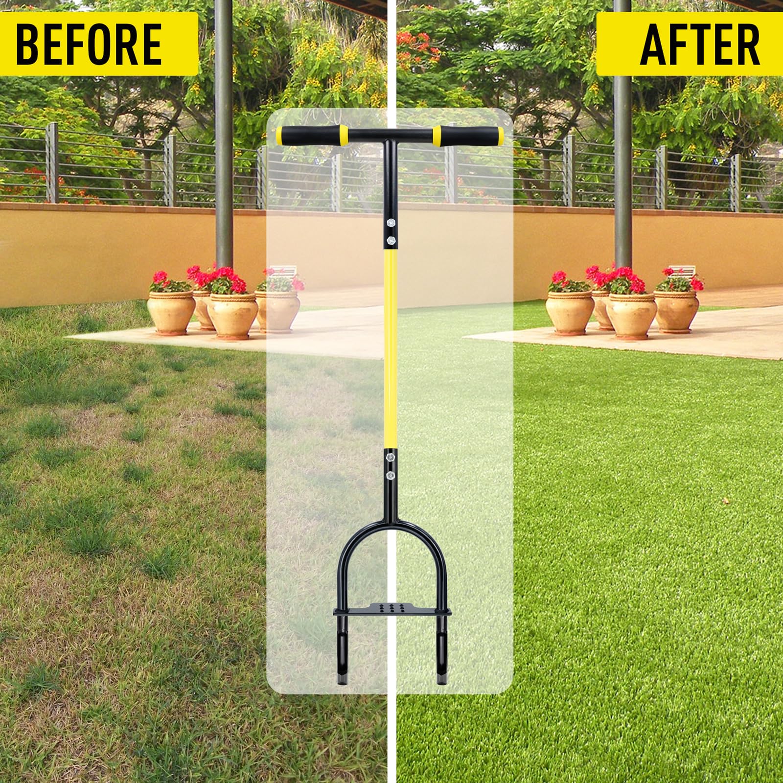 JARDINEER Aireador de césped, herramienta de extracción de hueso, aireador manual para compactación del suelo, aireador de césped para patios pequeños, jardín, césped