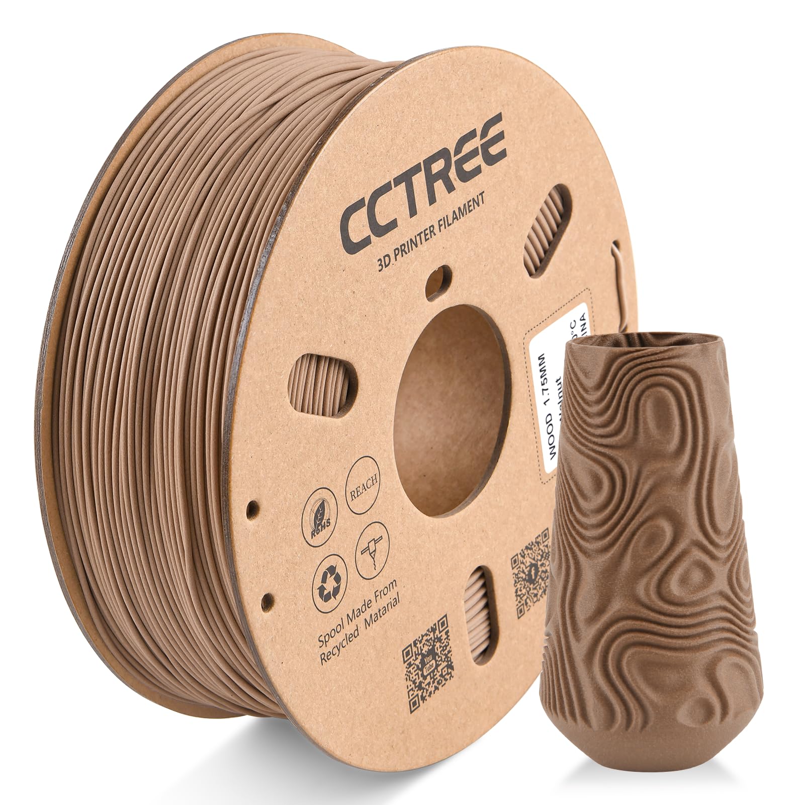 CCTREE Wood PLA Filament 1.75mm, Matte and Frosted PLA Filament Real Wood Fiber Textures, Dimensional Accuracy +/- 0.03mm, 1kg Spool(2.2lbs), Fit Most