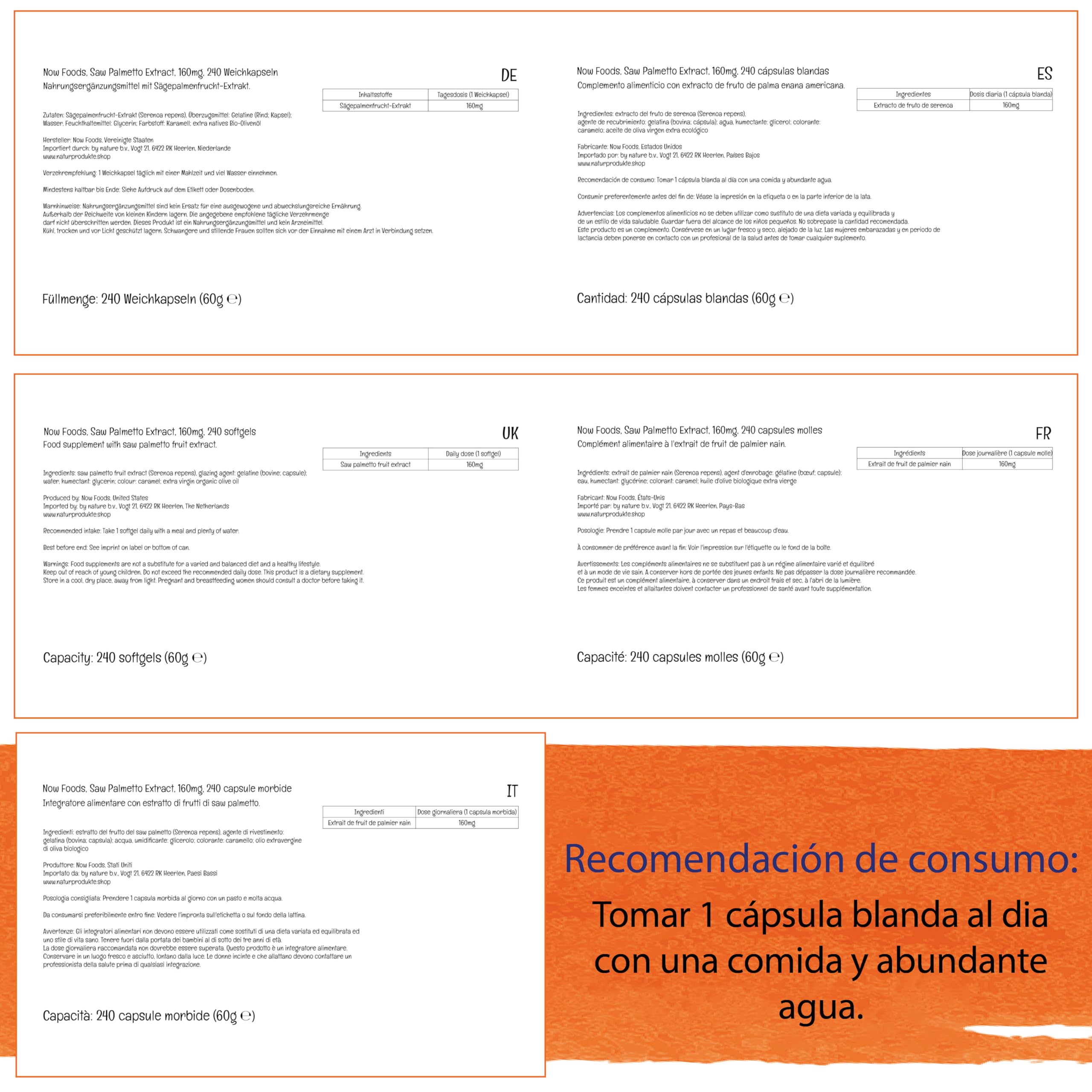 Now Foods, Saw Palmetto Extract, 160mg, 240 Cápsulas blandas, Probado en Laboratorio, Sin Soja, Sin Gluten, No GMO