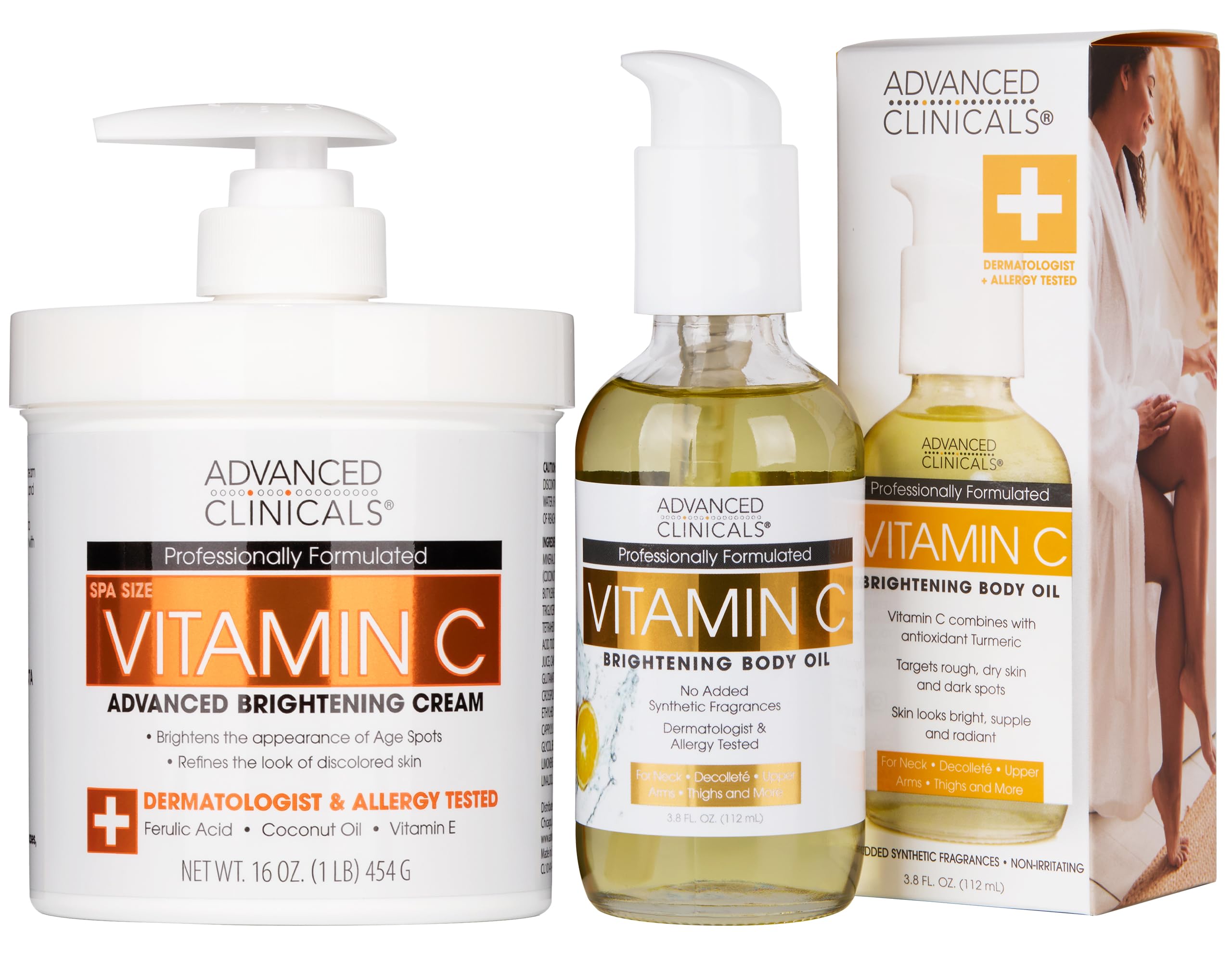 Advanced Clinicals Brightening Vitamin C Cream Moisturizer + Vitamin C Body Oil 2pc Skincare Set | Nourishing, Brightening, & Hydrating Body Oil &